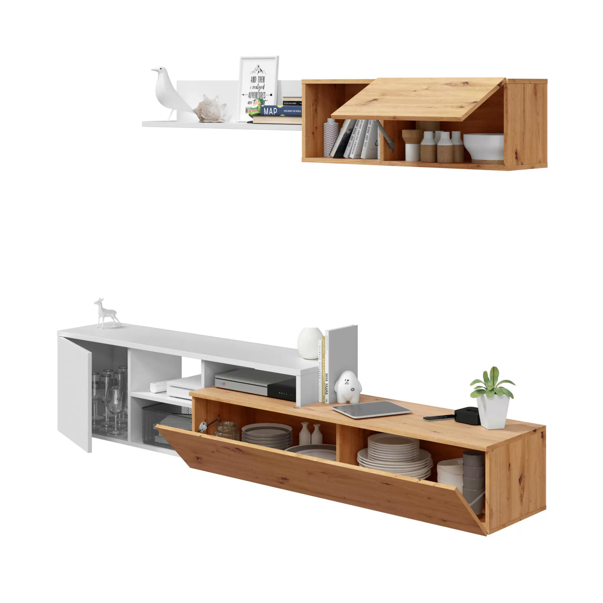 Dmora Pareti Attrezzate<Parete attrezzata Aligator, 220x40h44 cm, Rovere effetto nodi e Bianco