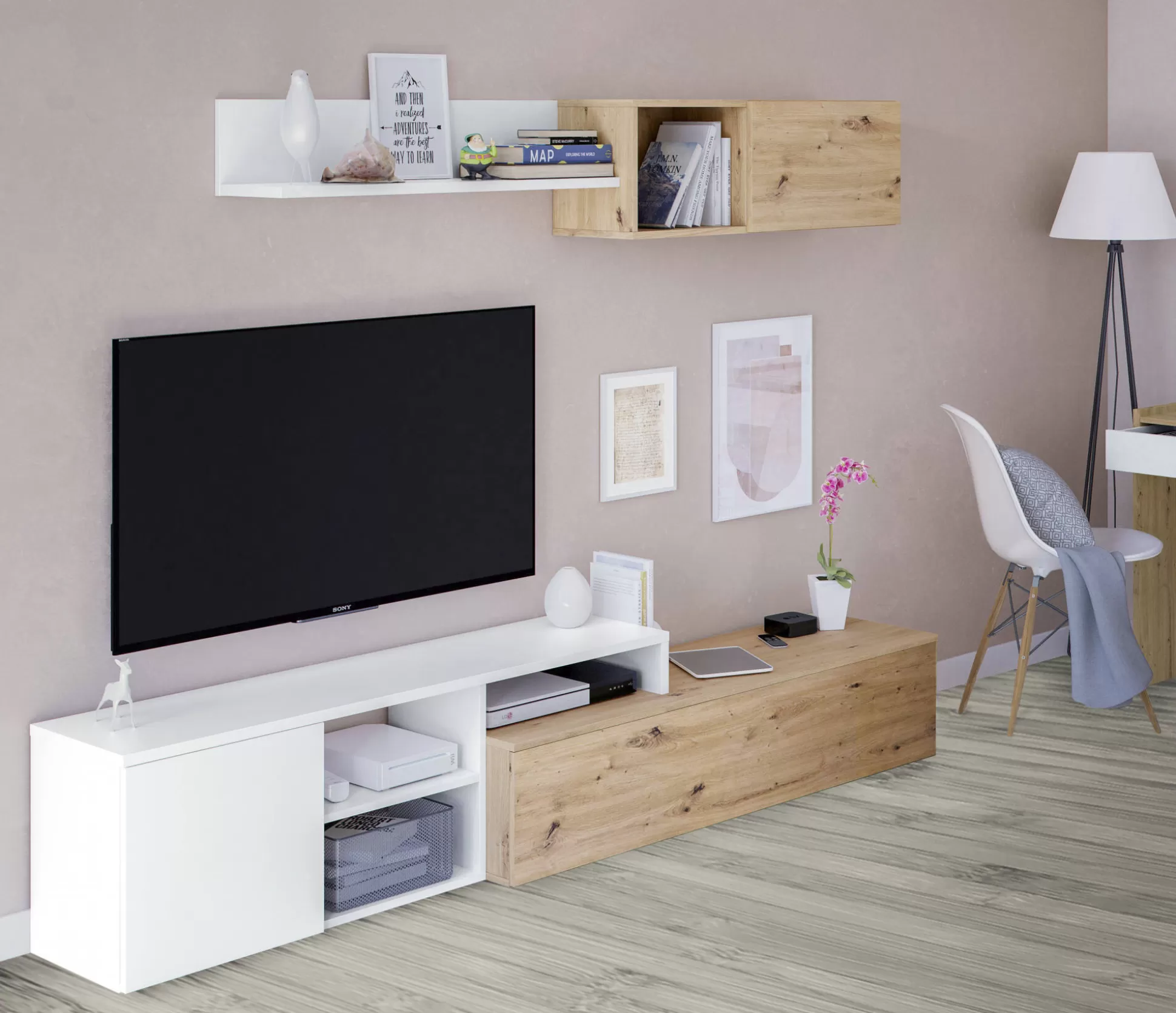 Dmora Pareti Attrezzate<Parete attrezzata Aligator, 220x40h44 cm, Rovere effetto nodi e Bianco