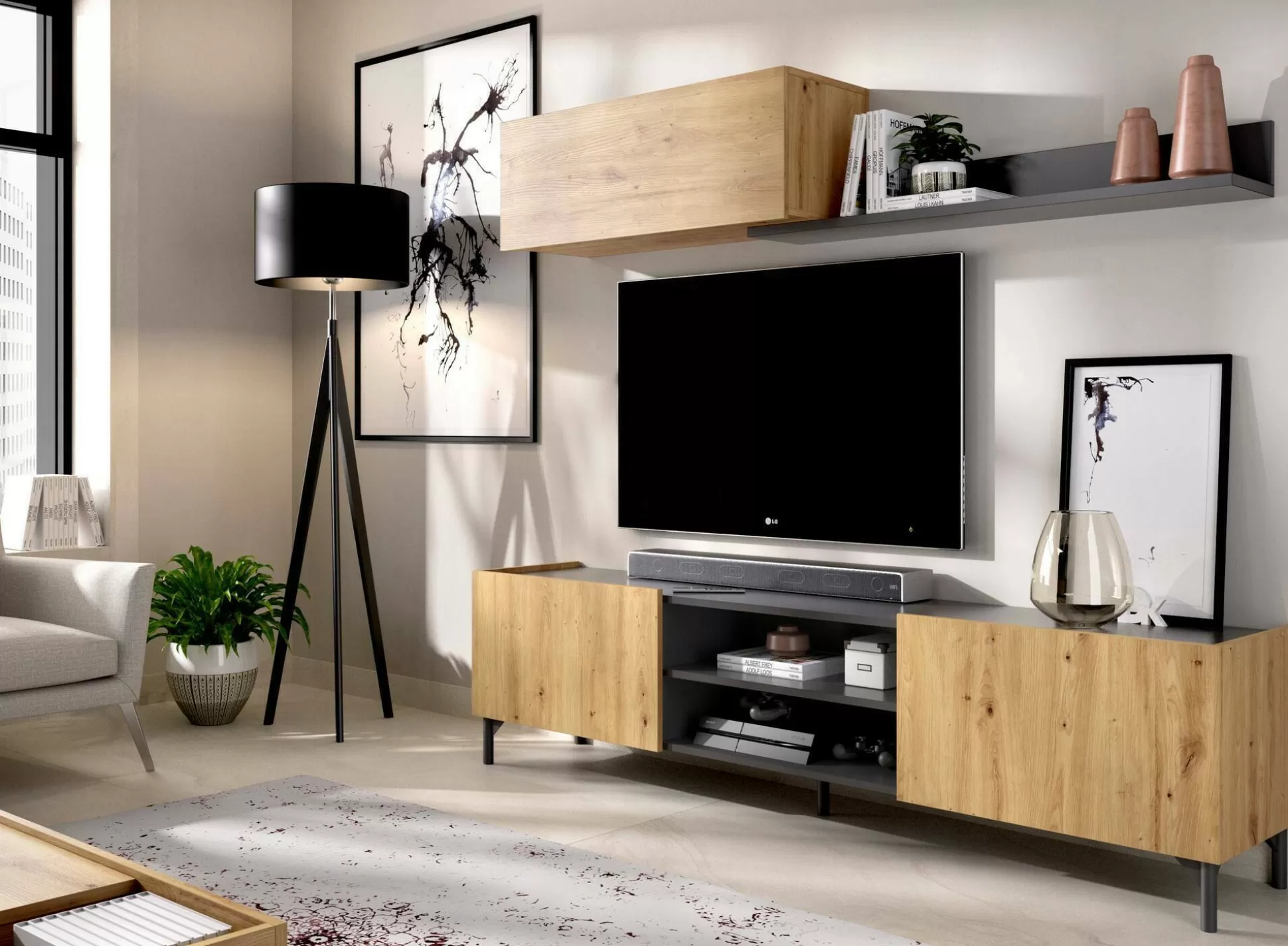 Dmora Pareti Attrezzate<Parete attrezzata Ama, 182x35h180 cm, Rovere Nodi e Antracite