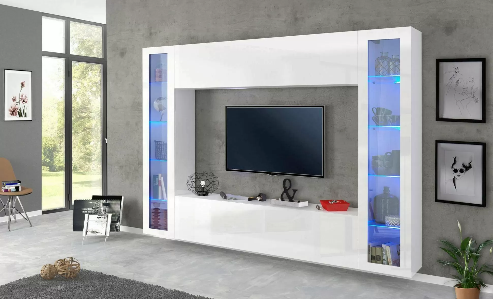 Dmora Pareti Attrezzate<Parete attrezzata Amel, , con luce LED blu e due vetrine
