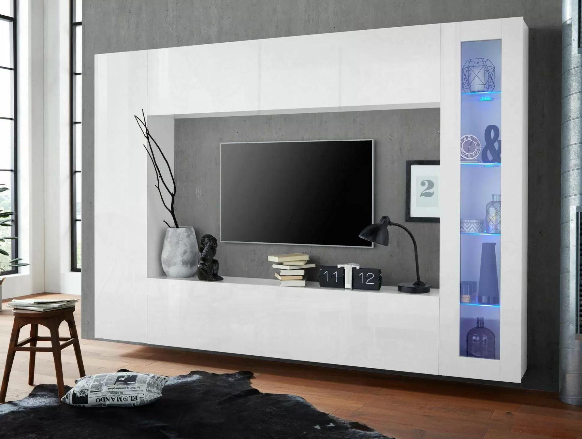 Dmora Pareti Attrezzate<Parete attrezzata Amel, , con luce LED blu ed una vetrina