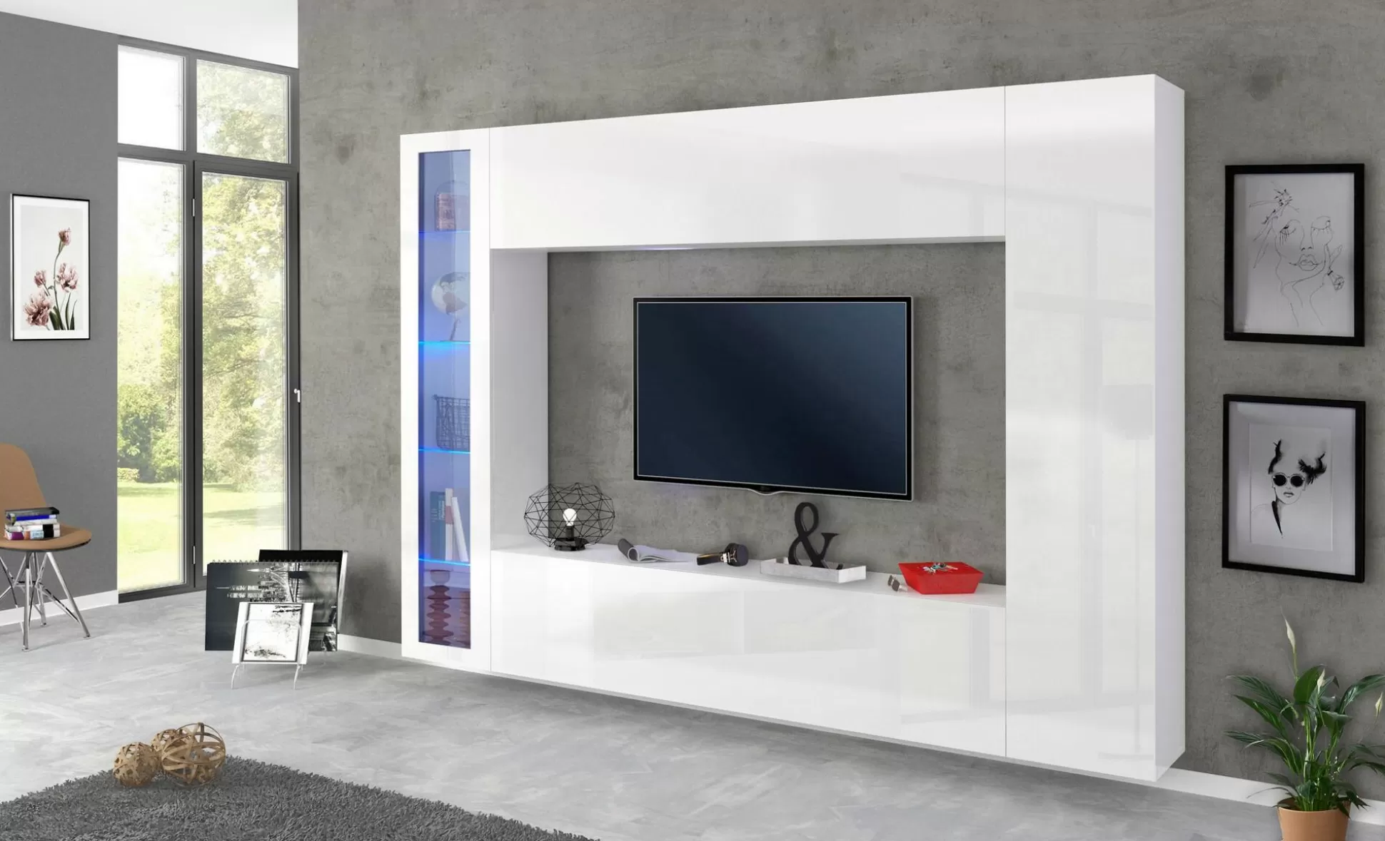 Dmora Pareti Attrezzate<Parete attrezzata Amel, , con luce LED blu ed una vetrina