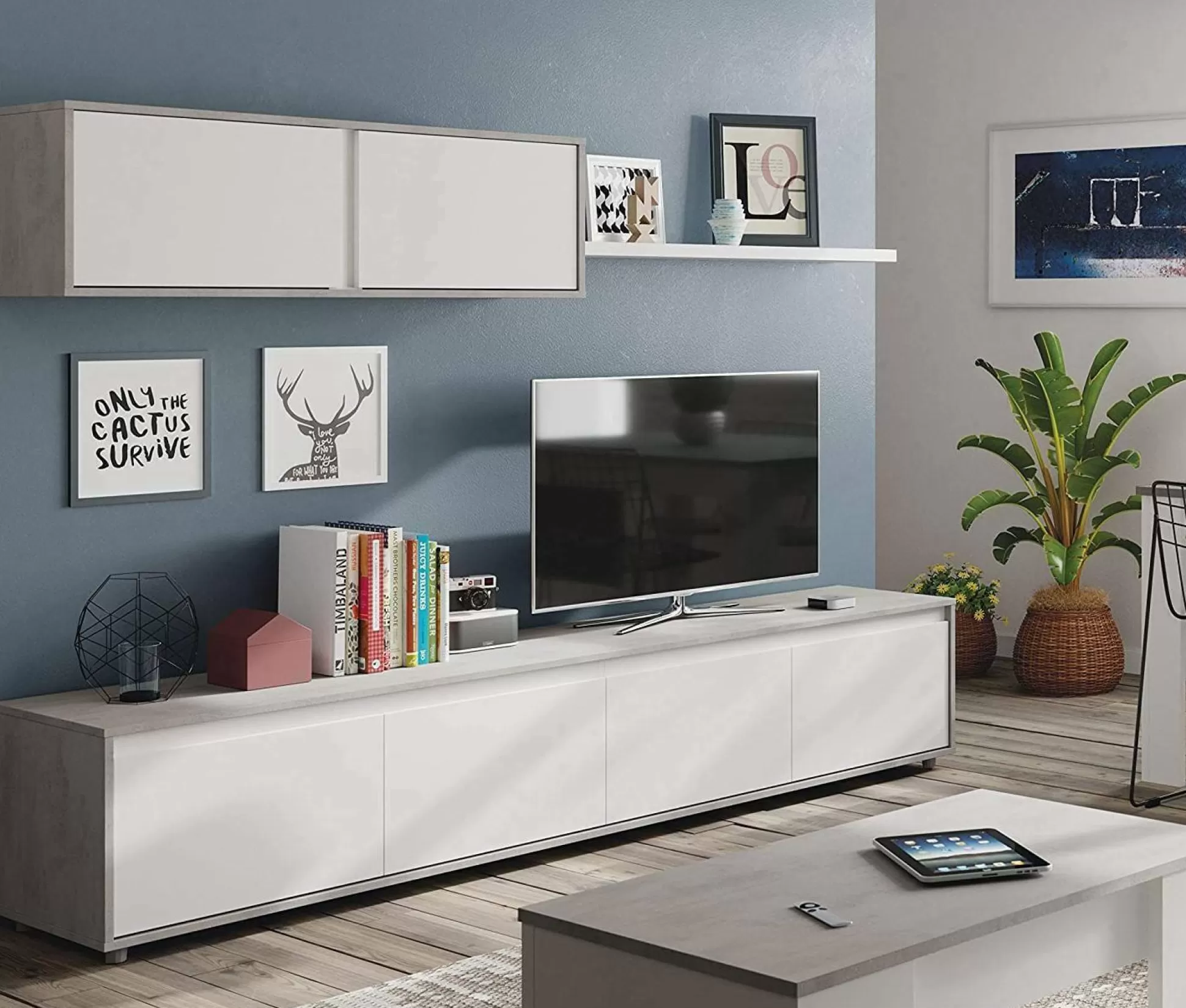 Dmora Pareti Attrezzate<Parete attrezzata Amir, 200x41h43 cm, Bianco e Cemento