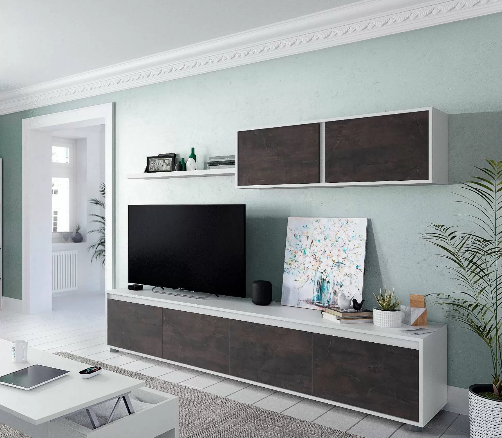 Dmora Pareti Attrezzate<Parete attrezzata Amir, 200x41h43 cm, Bianco e Ossido