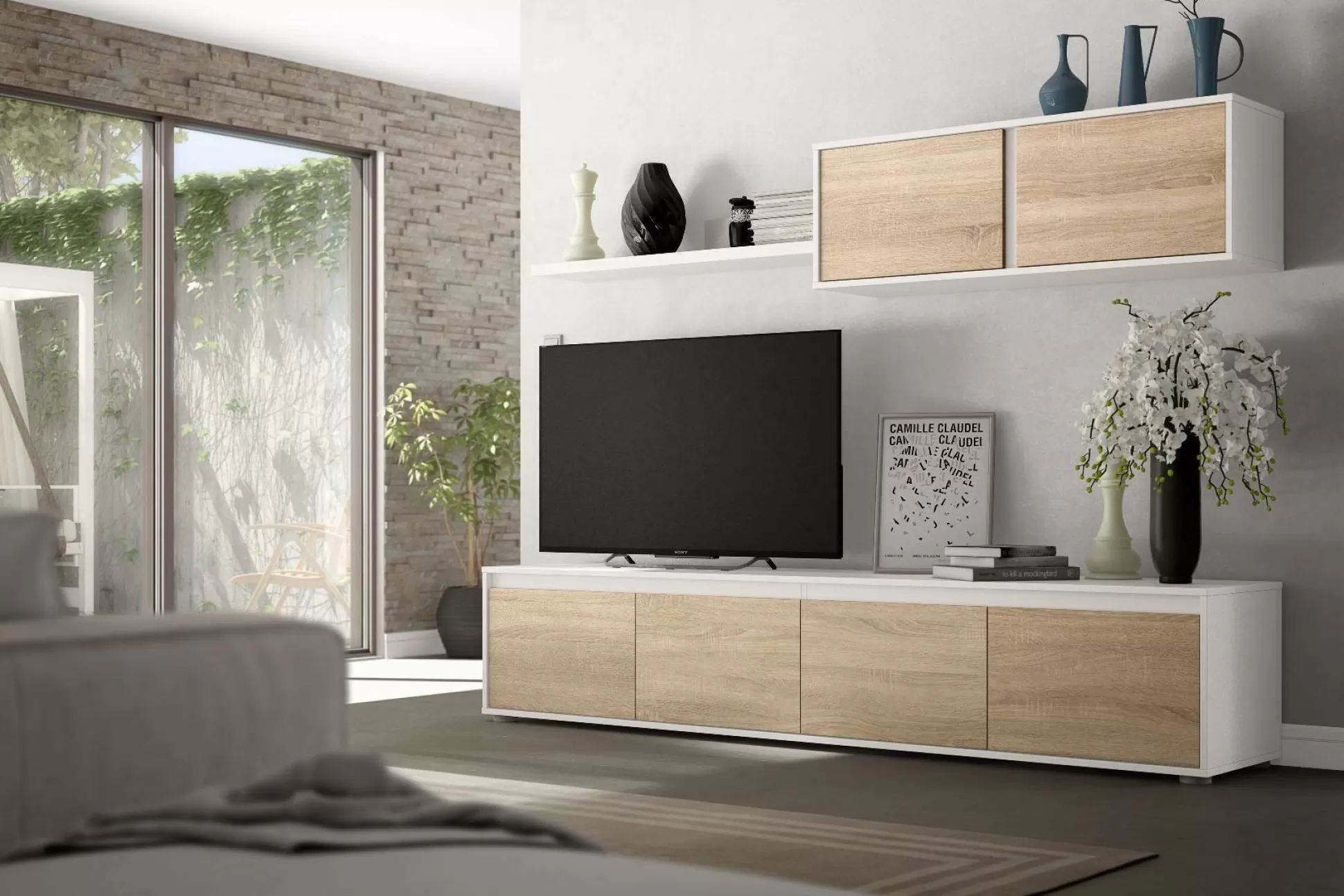 Dmora Pareti Attrezzate<Parete attrezzata Amir, 200x41h43 cm, Bianco e Rovere