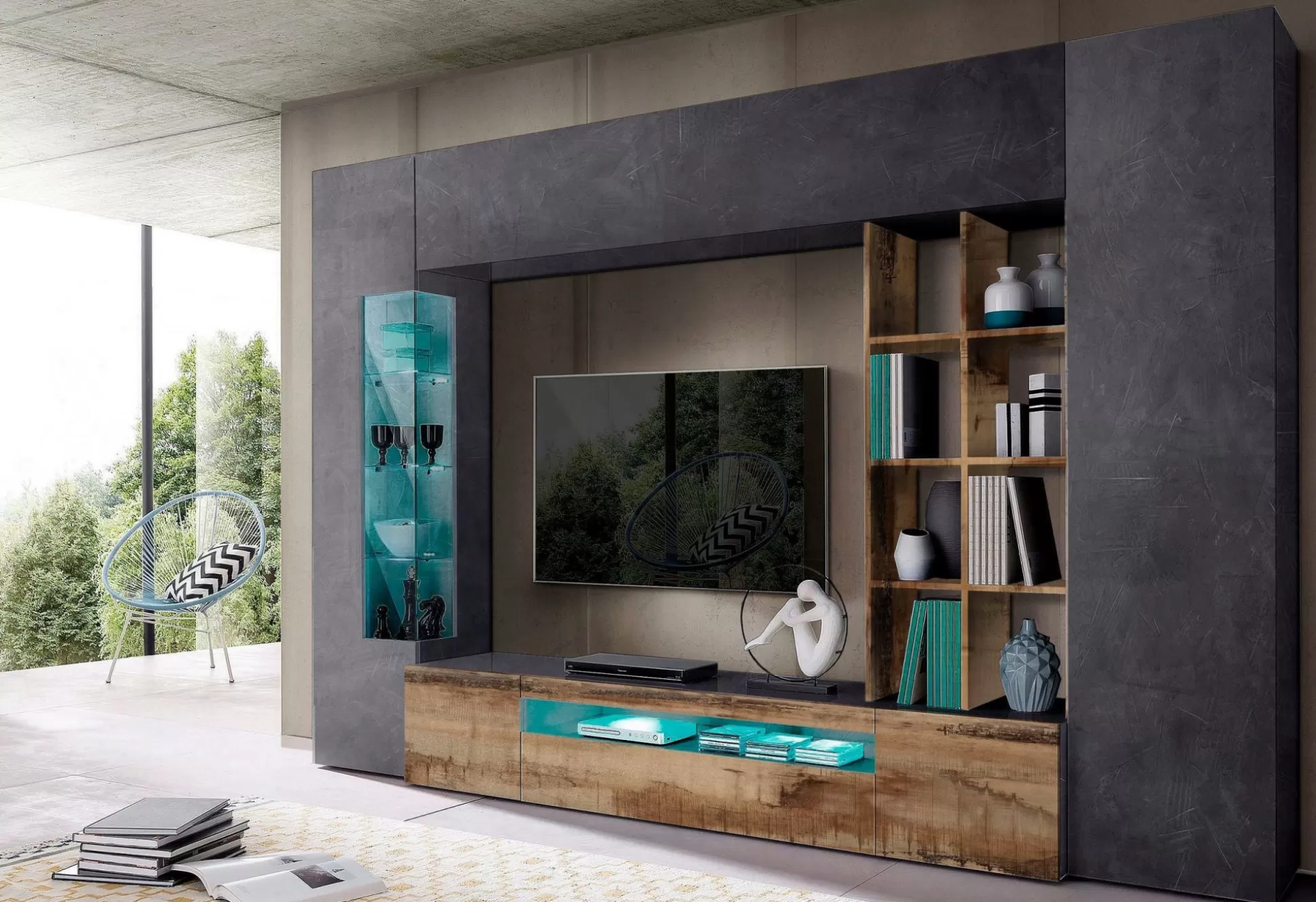 Dmora Pareti Attrezzate<Parete attrezzata Andy, cm 290x40h192, Ardesia e Acero