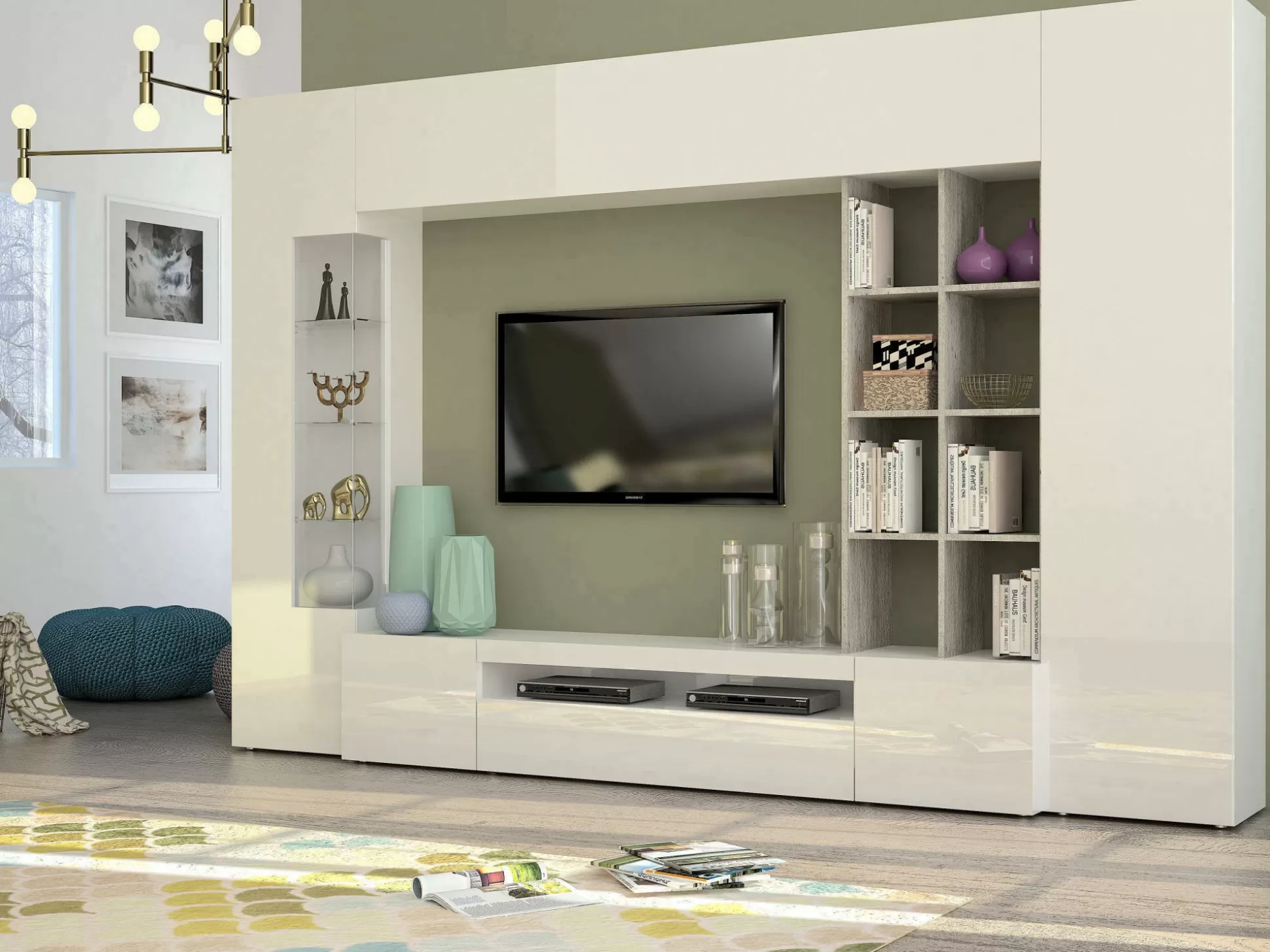 Dmora Pareti Attrezzate<Parete attrezzata Andy, cm 290x40h192, Bianco lucido e Cemento