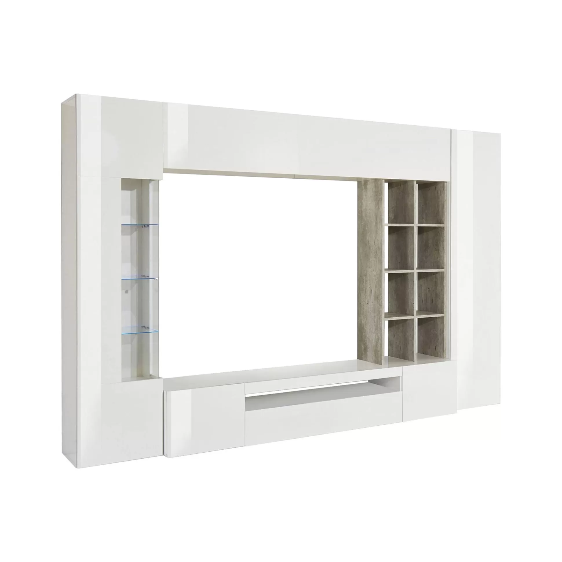 Dmora Pareti Attrezzate<Parete attrezzata Andy, cm 290x40h192, Bianco lucido e Cemento