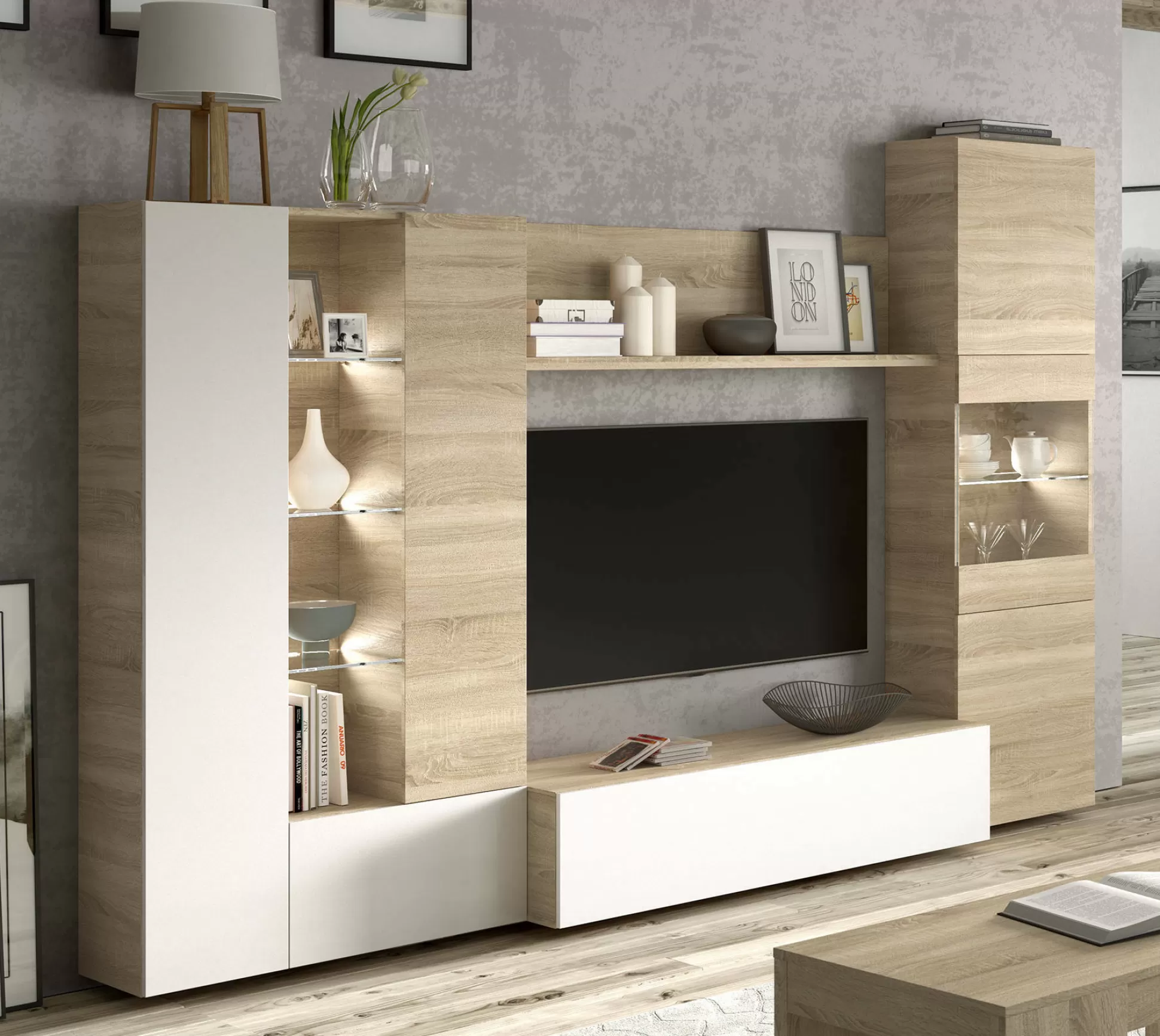 Dmora Pareti Attrezzate<Parete attrezzata Angioletto, 260x42h185 cm, Rovere e Bianco