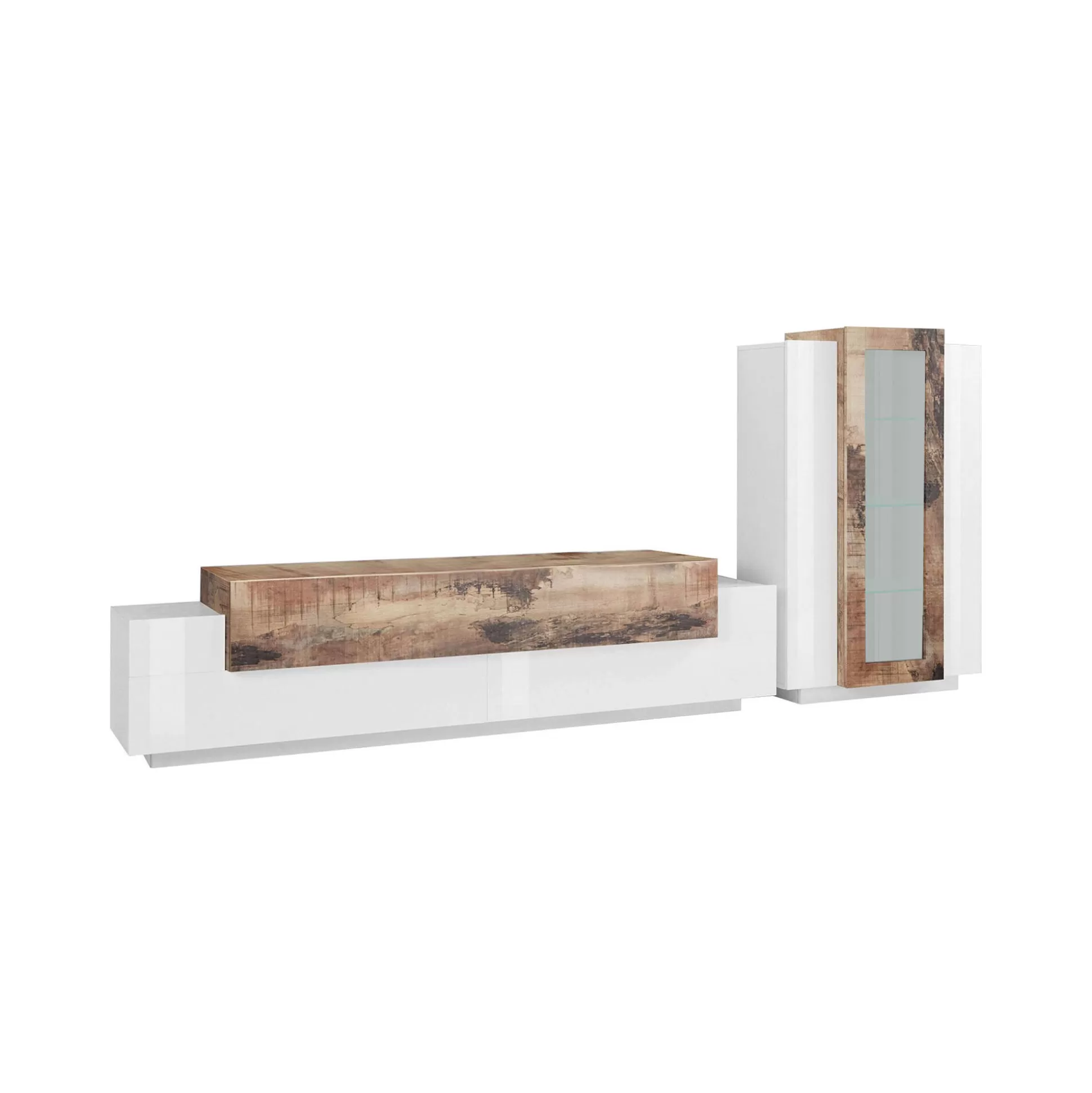 Dmora Pareti Attrezzate<Parete attrezzata Anisia, cm 280x45h121, Bianco lucido e Acero