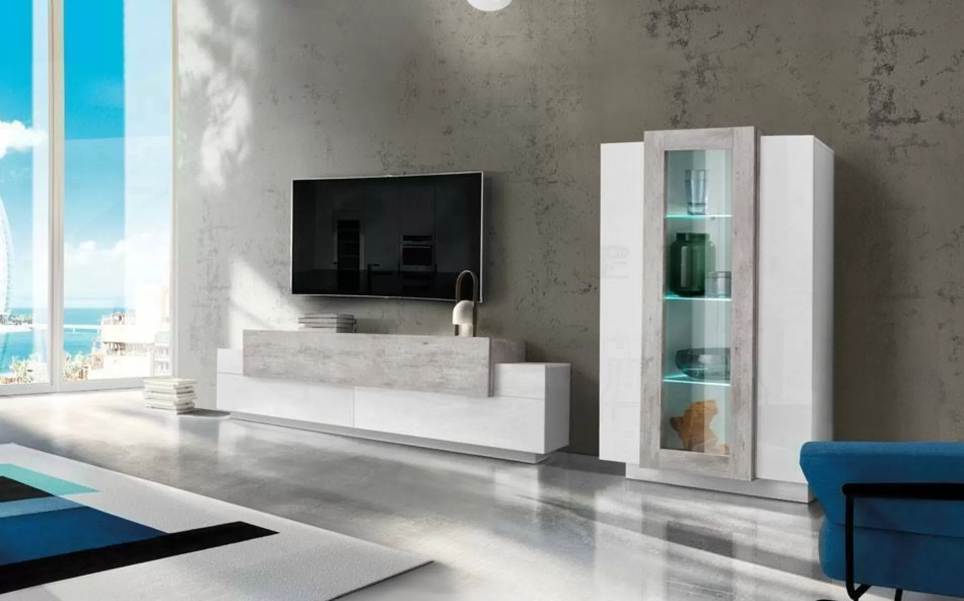 Dmora Pareti Attrezzate<Parete attrezzata Anisia, cm 280x45h121, Bianco lucido e Cemento