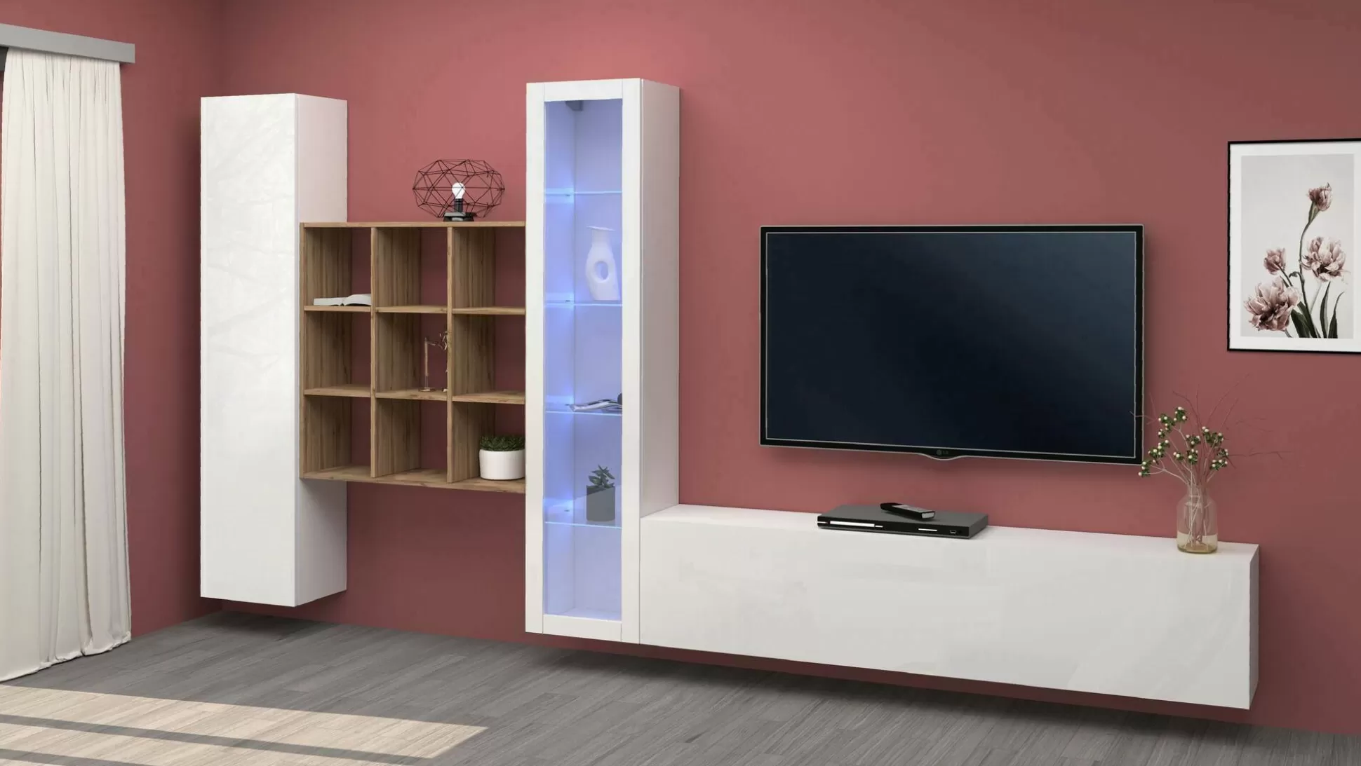 Dmora Pareti Attrezzate<Parete attrezzata Arizzano, cm 310x30h180, Bianco lucido e Acero