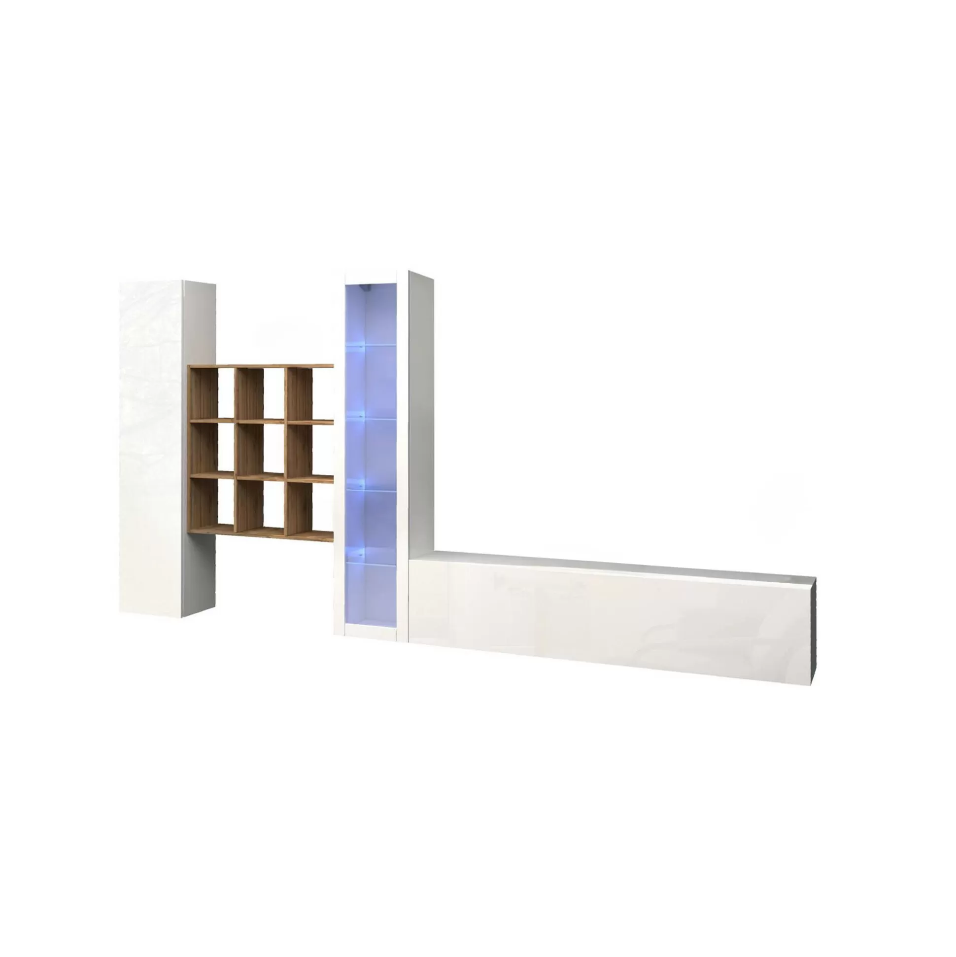 Dmora Pareti Attrezzate<Parete attrezzata Arizzano, cm 310x30h180, Bianco lucido e Acero