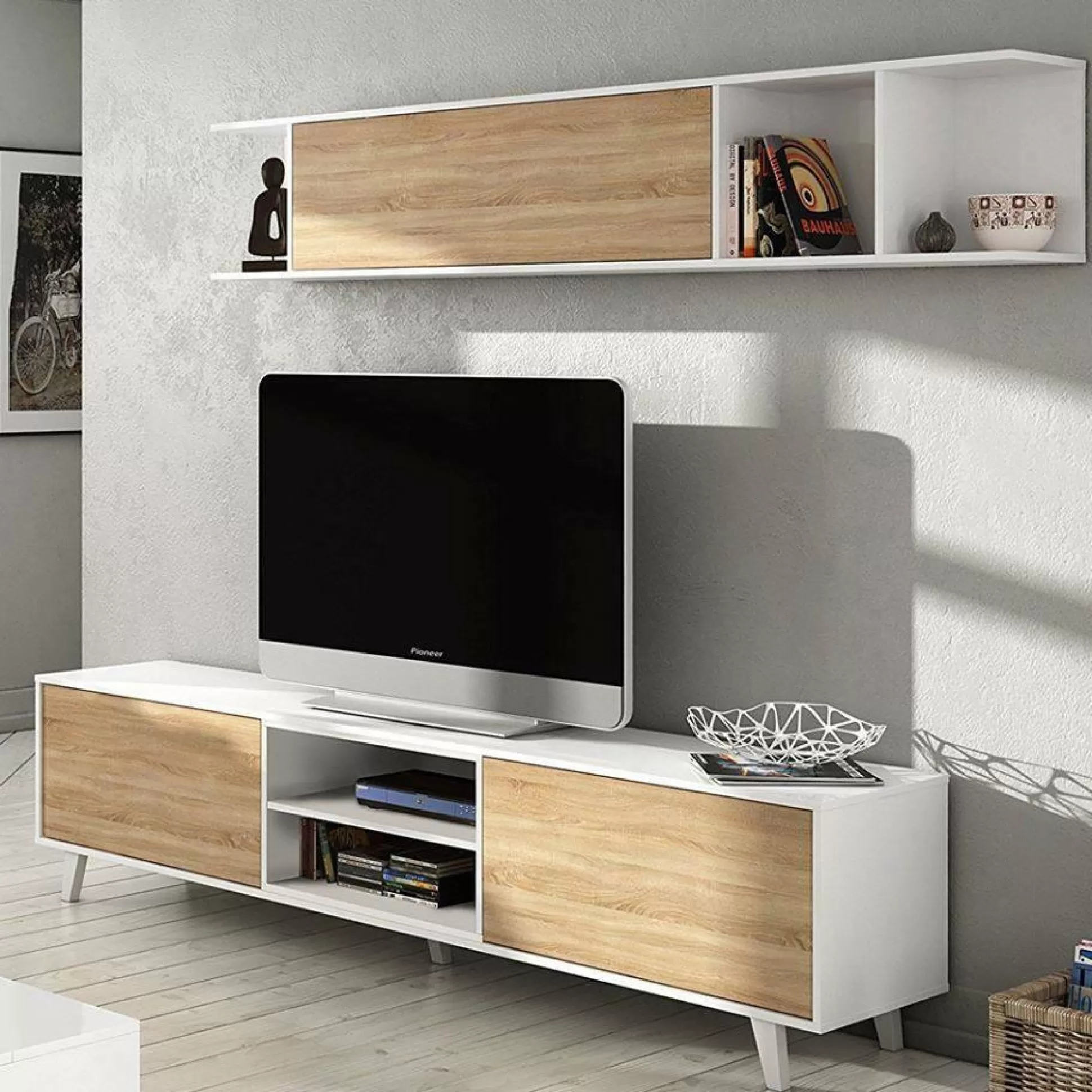 Dmora Pareti Attrezzate<Parete attrezzata Aslan, 180x41h51 cm, Bianco e Rovere