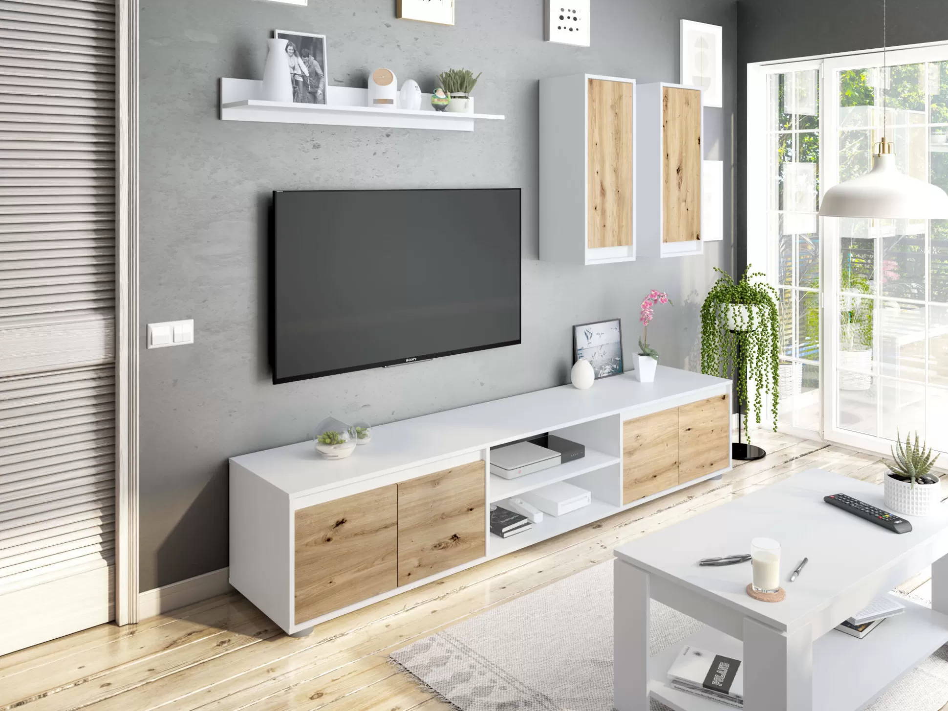 Dmora Pareti Attrezzate<Parete attrezzata Astulo, 200x40h114 cm, Bianco e Rovere