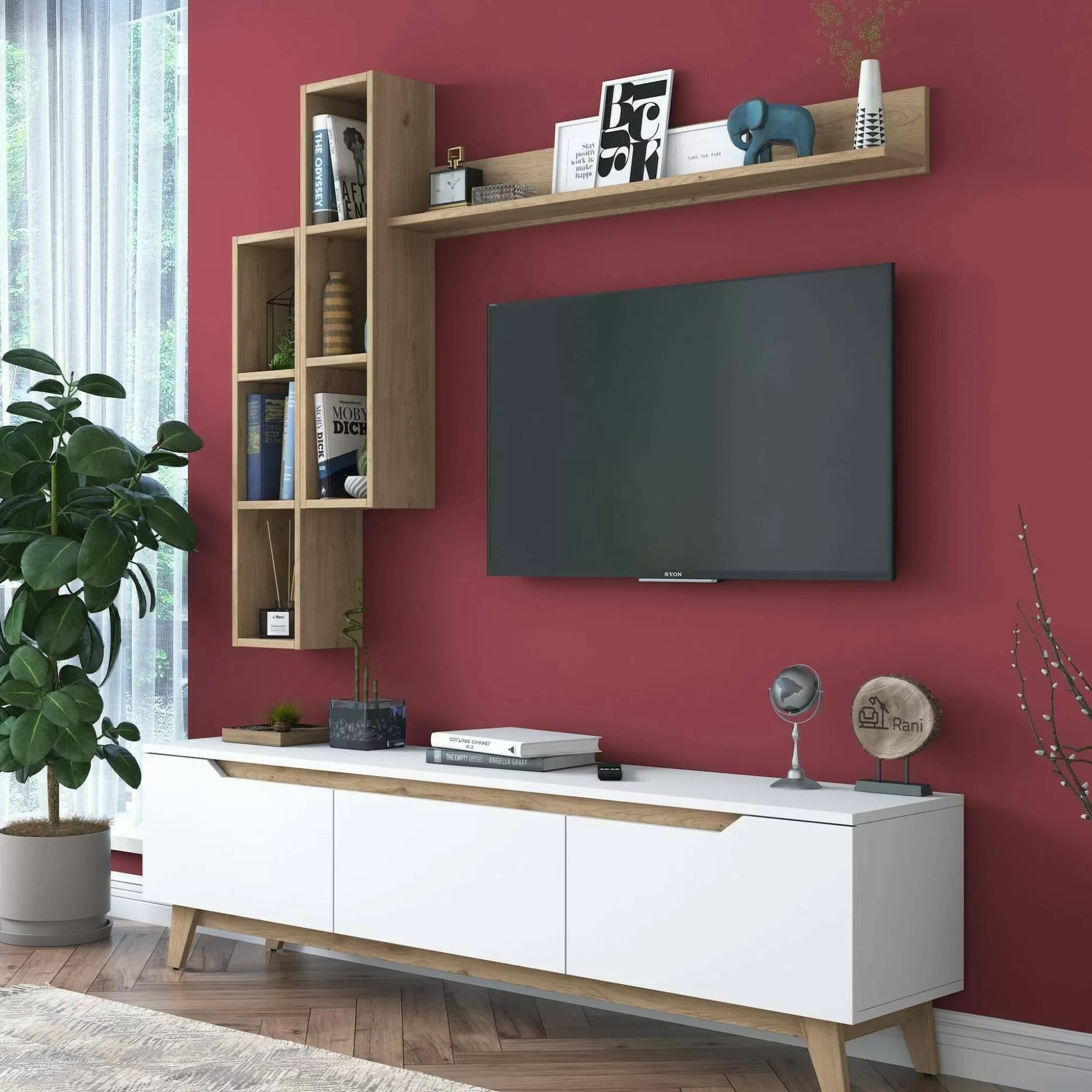 Dmora Pareti Attrezzate<Parete attrezzata Atax, 180x35h49 cm, Bianco e Rovere