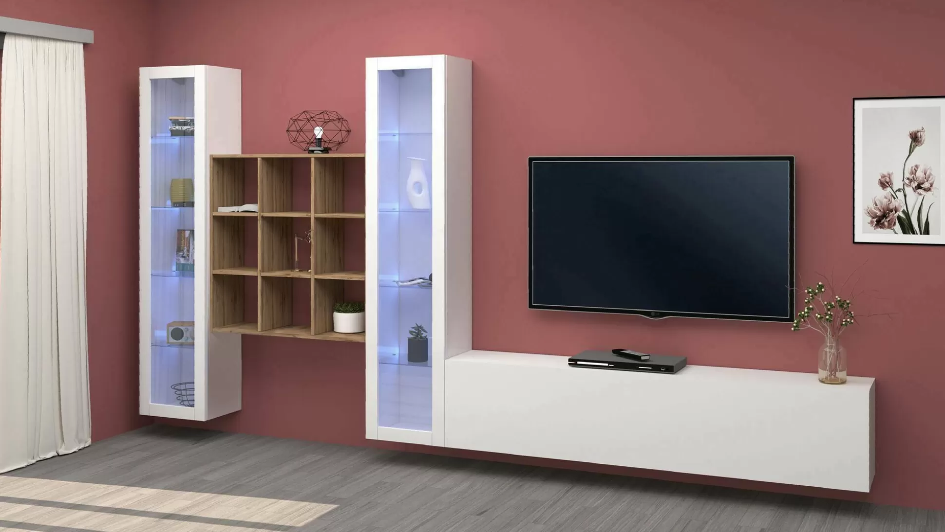 Dmora Pareti Attrezzate<Parete attrezzata Atella, cm 350x30h180, Bianco lucido e Acero