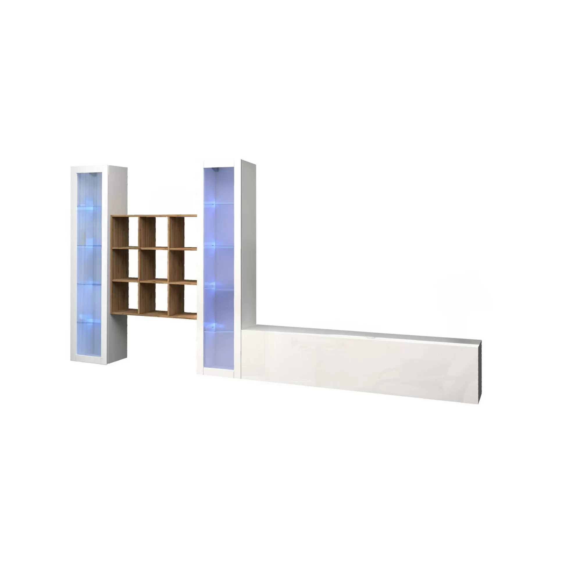 Dmora Pareti Attrezzate<Parete attrezzata Atella, cm 350x30h180, Bianco lucido e Acero