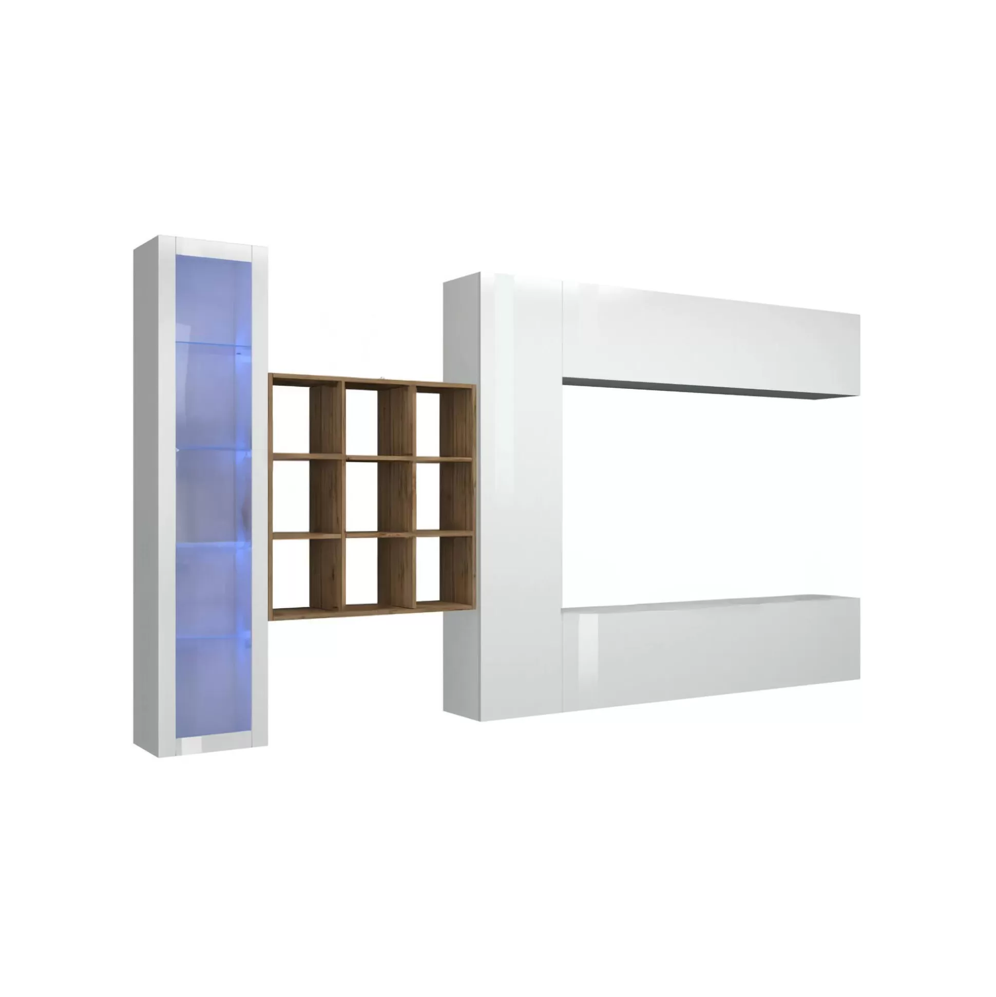 Dmora Pareti Attrezzate<Parete attrezzata Avegno, cm 310x30h180, Bianco lucido e Acero