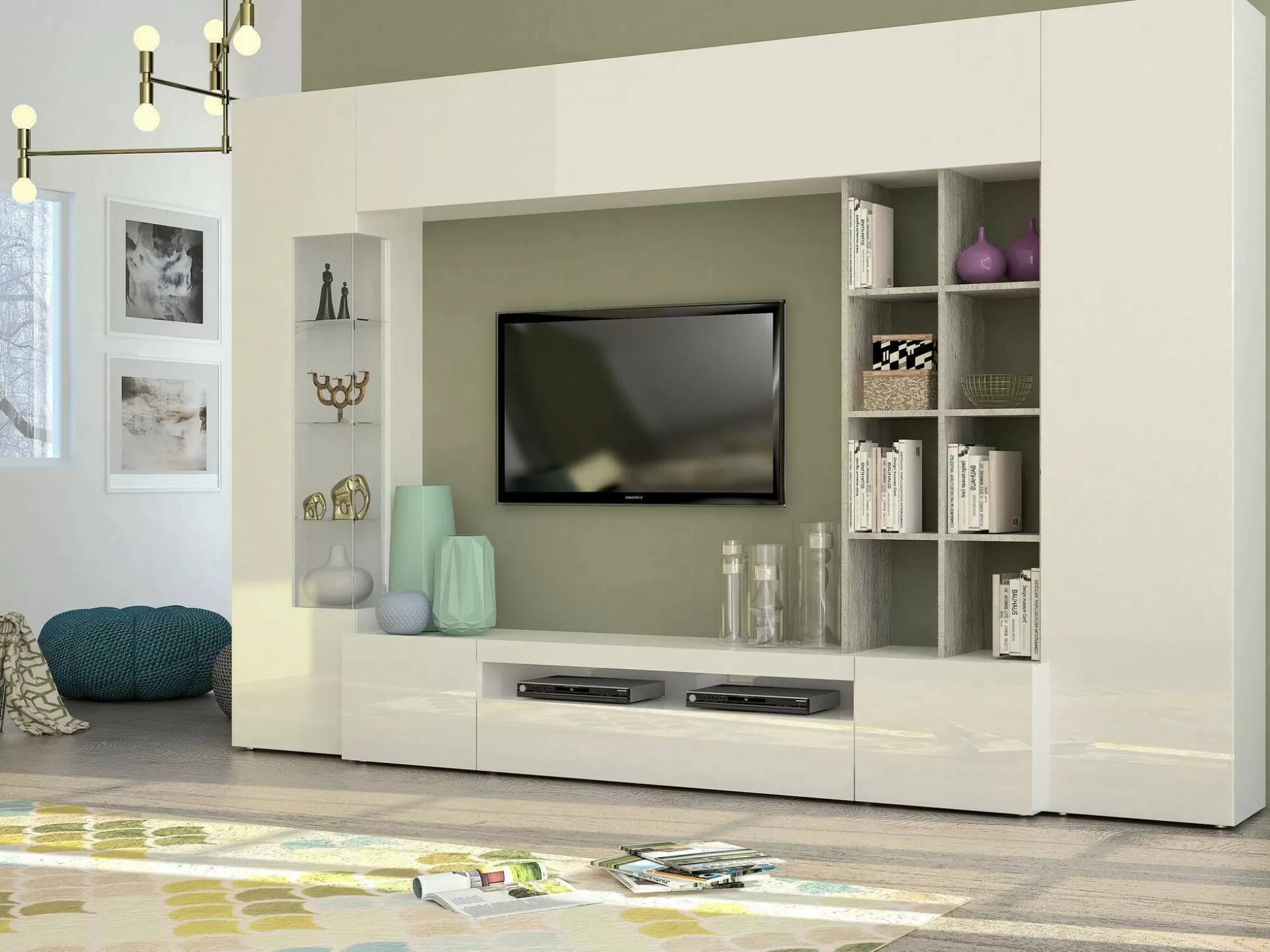Dmora Pareti Attrezzate<Parete attrezzata Azuro, cm 290x40h192, Bianco lucido e Cemento