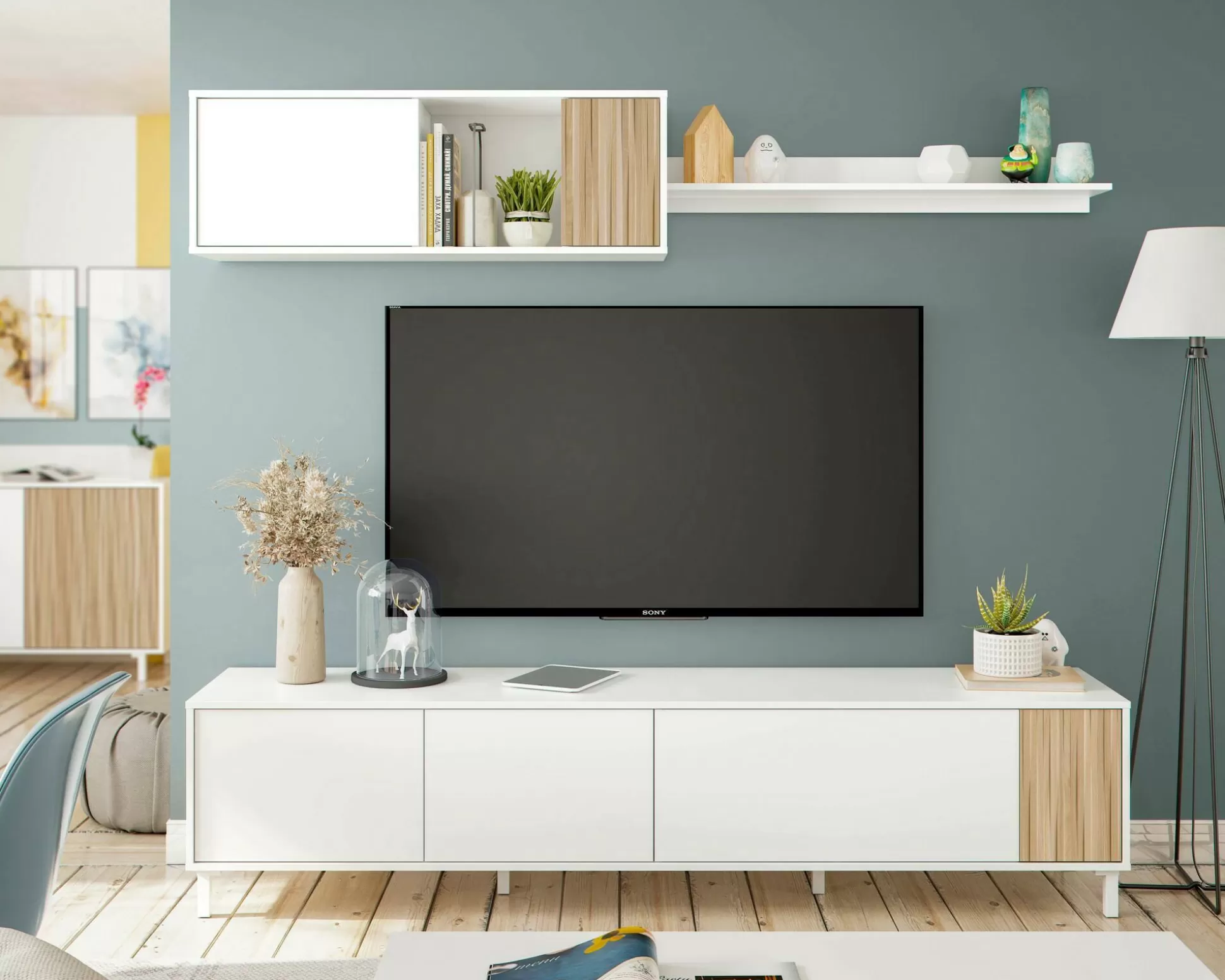 Dmora Pareti Attrezzate<Parete attrezzata Banari, 200x40h47 cm, Bianco e Rovere