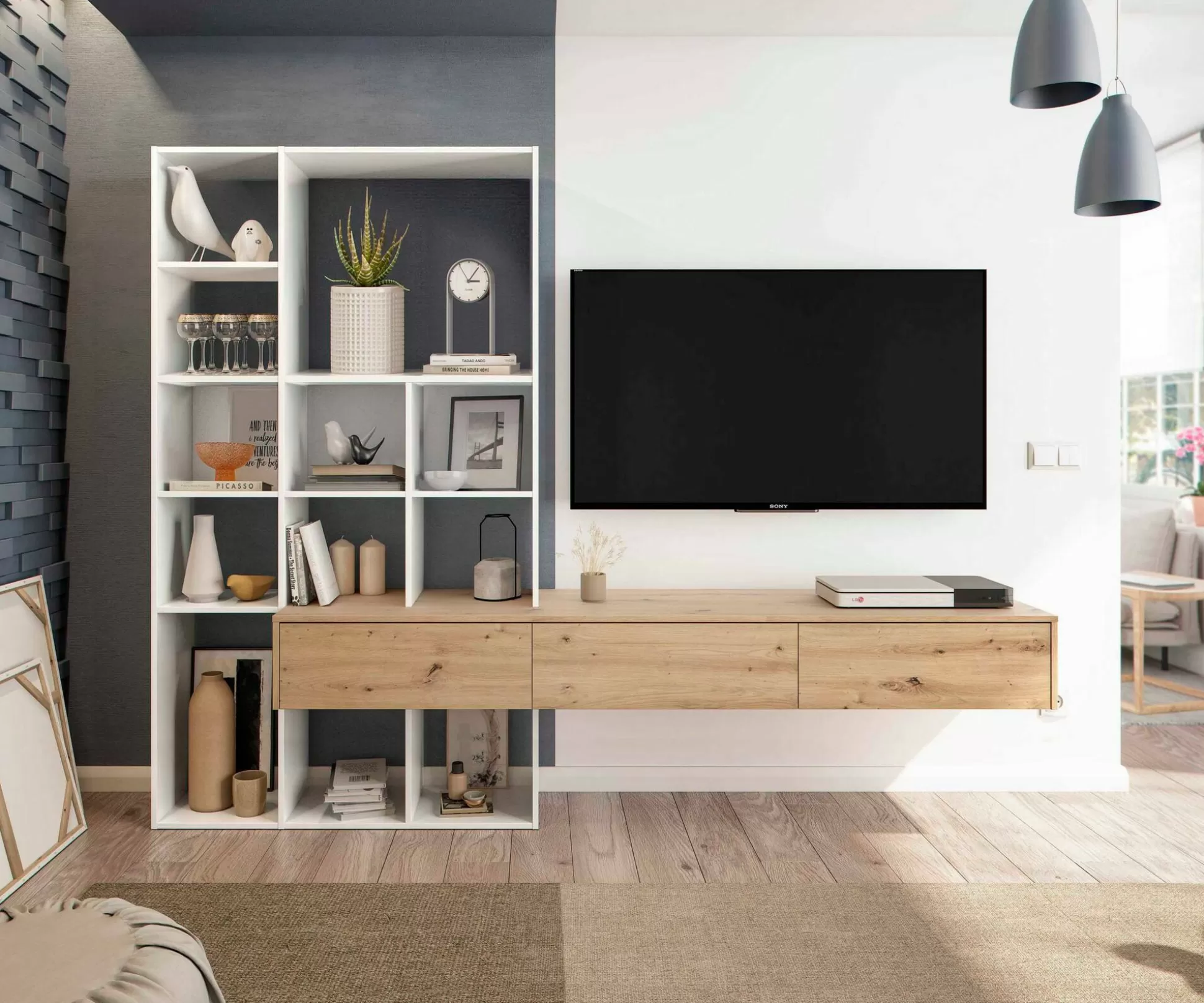 Dmora Pareti Attrezzate<Parete attrezzata Bellusco, 226x28h173 cm, Bianco e Rovere Nodi