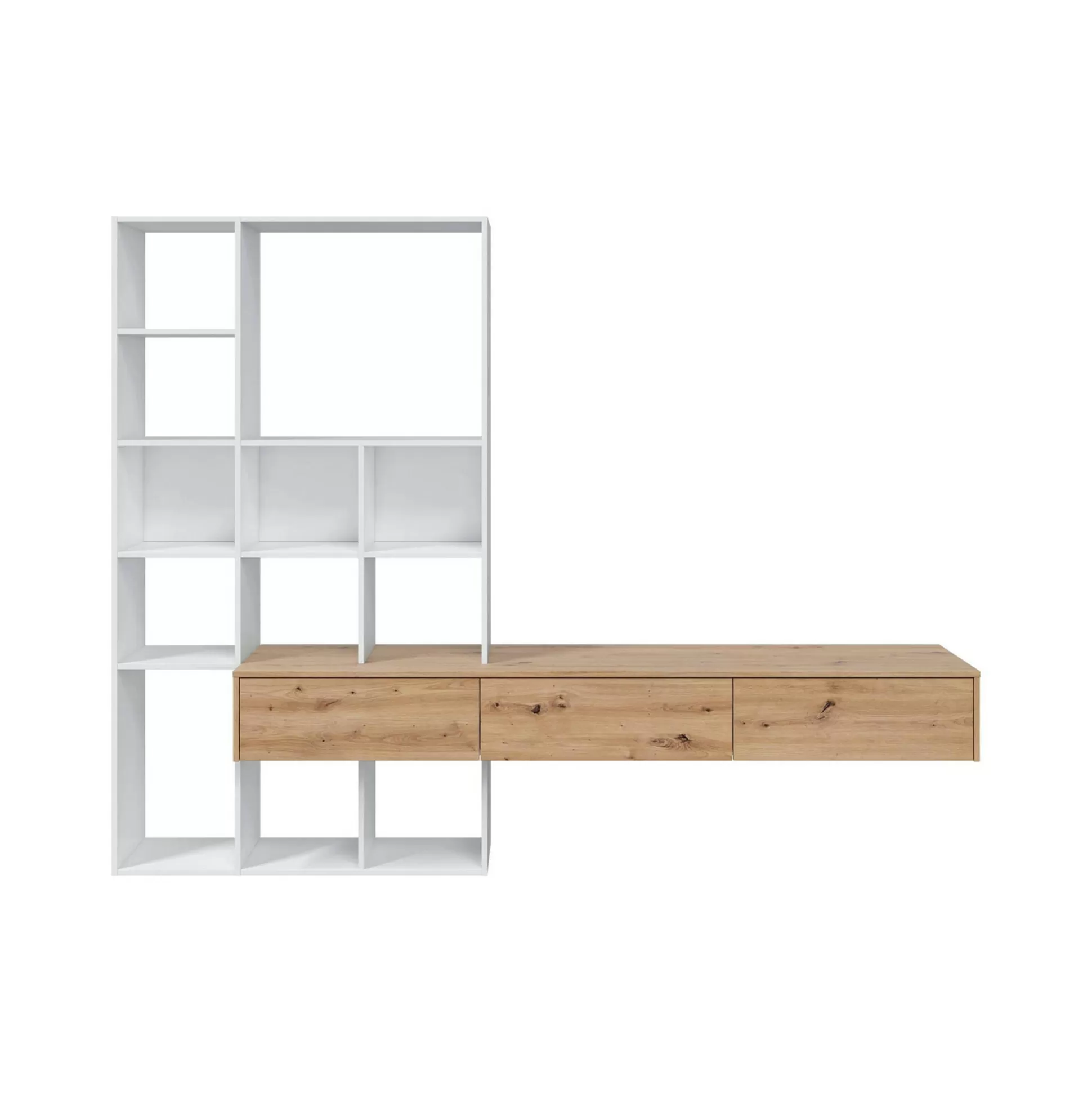 Dmora Pareti Attrezzate<Parete attrezzata Bellusco, 226x28h173 cm, Bianco e Rovere Nodi
