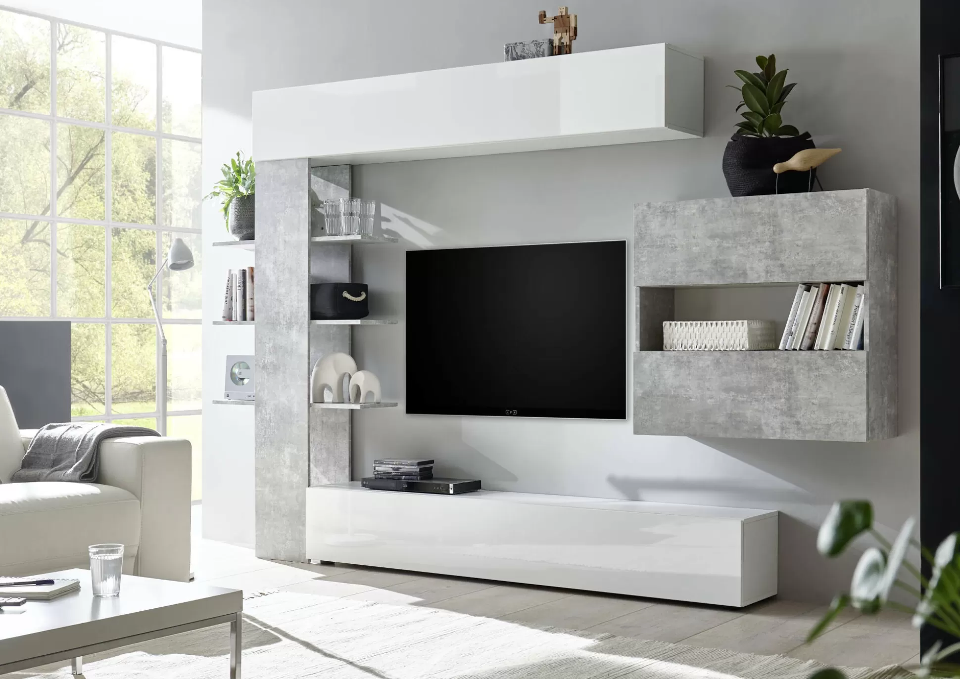 Dmora Pareti Attrezzate<Parete attrezzata Dbogdanovi, 295x30 h187 cm, Bianco lucido e Cemento