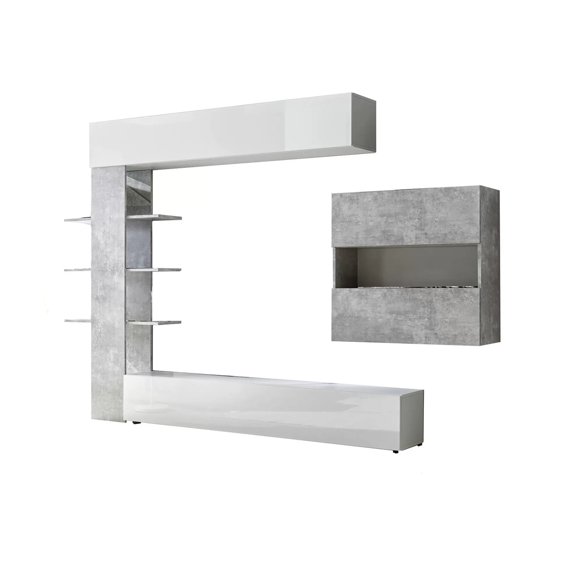 Dmora Pareti Attrezzate<Parete attrezzata Dbogdanovi, 295x30 h187 cm, Bianco lucido e Cemento