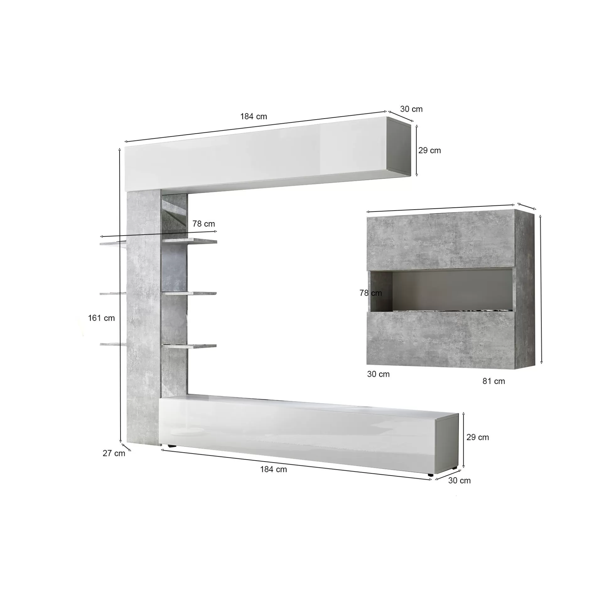 Dmora Pareti Attrezzate<Parete attrezzata Dbogdanovi, 295x30 h187 cm, Bianco lucido e Cemento