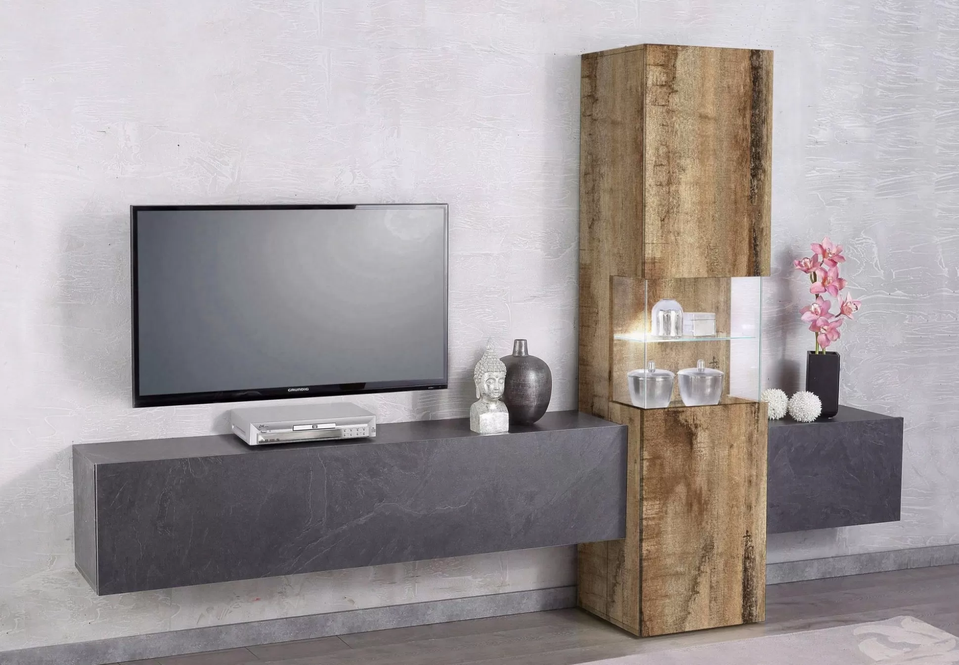 Dmora Pareti Attrezzate<Parete attrezzata Dgrand, cm 265x40h181, Ardesia e Acero