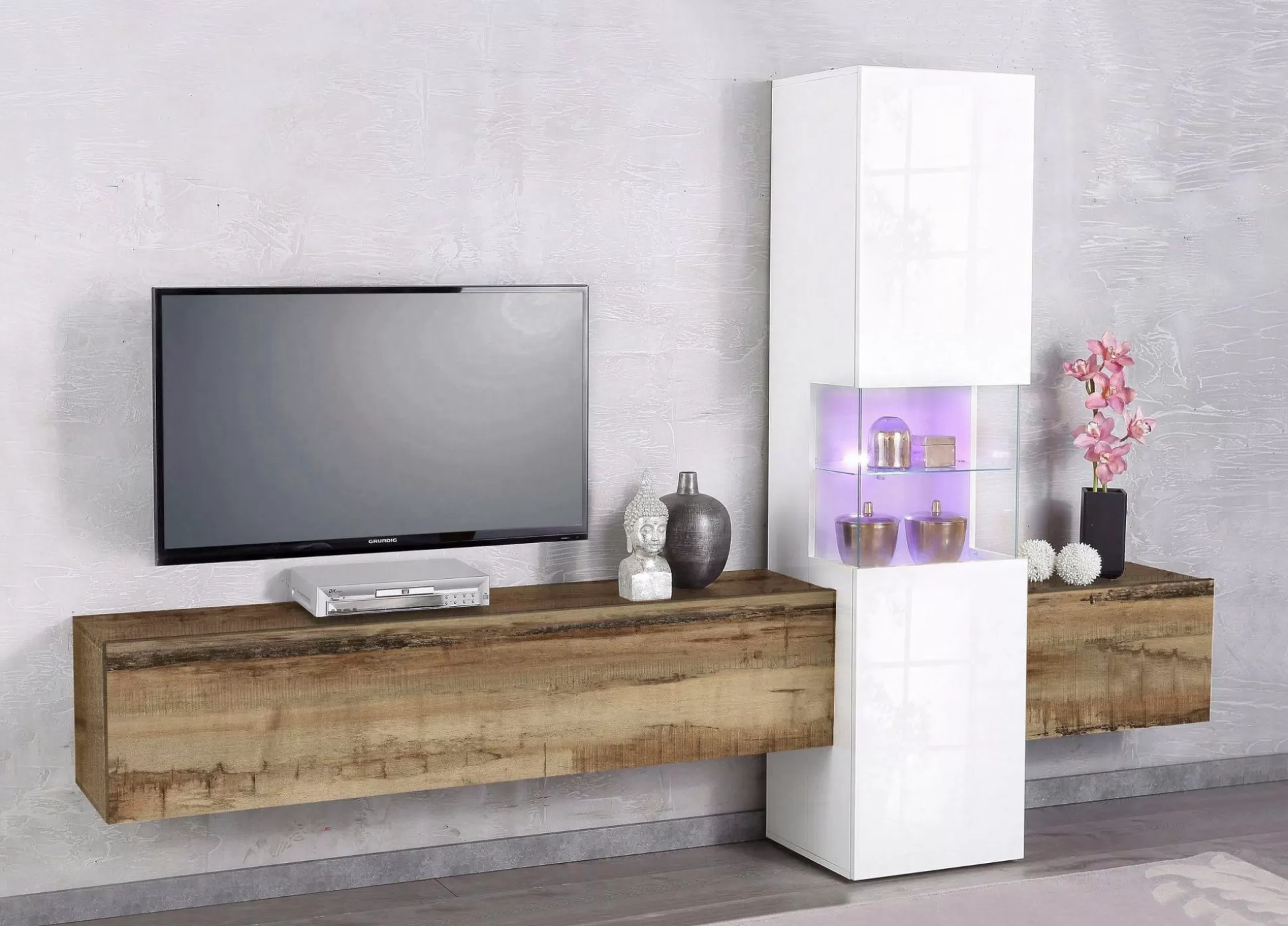 Dmora Pareti Attrezzate<Parete attrezzata Dgrand, cm 265x40h181, Bianco lucido e Acero