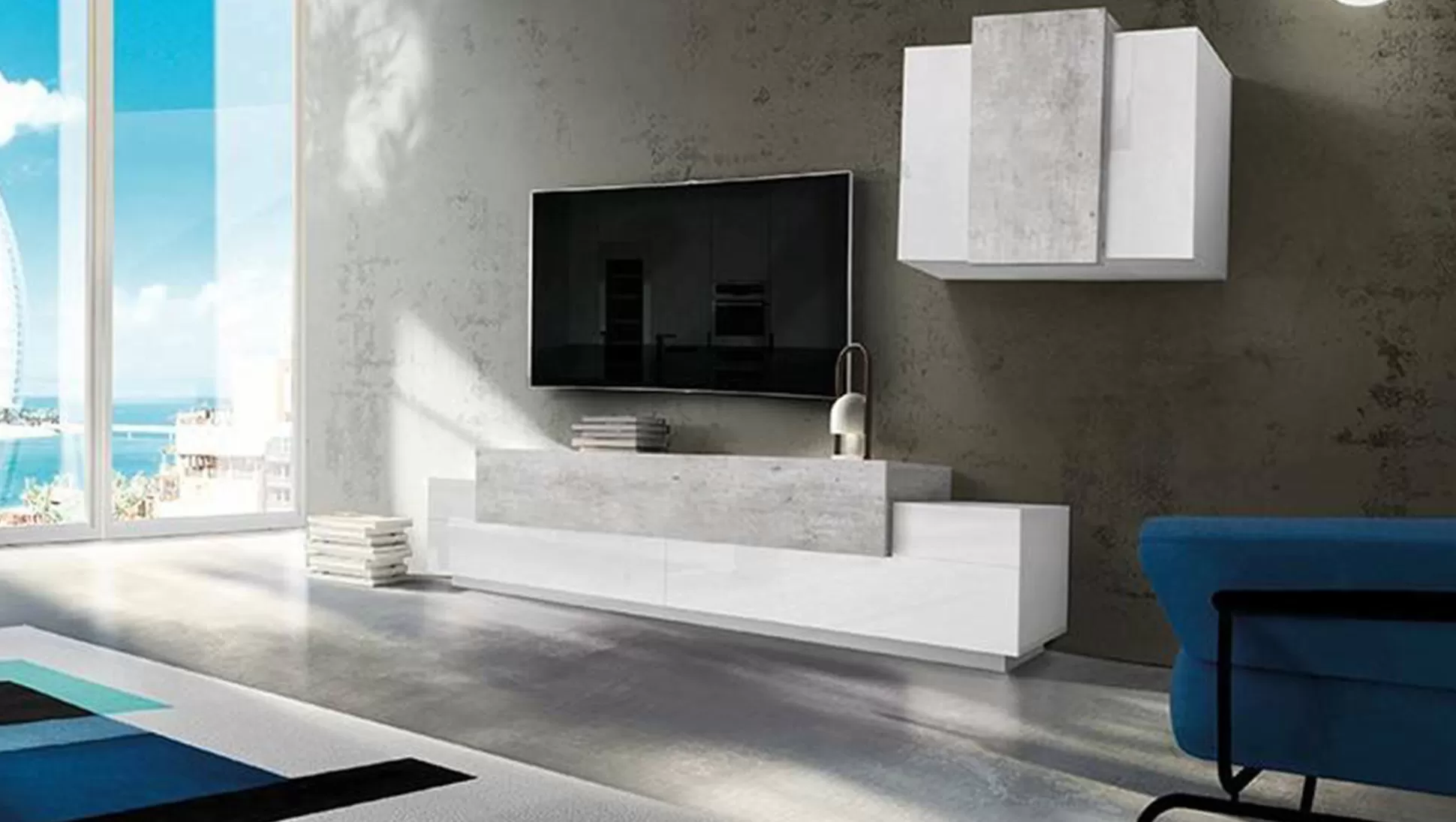 Dmora Pareti Attrezzate<Parete attrezzata Dmar, cm 240x45h180, Bianco lucido e Cemento