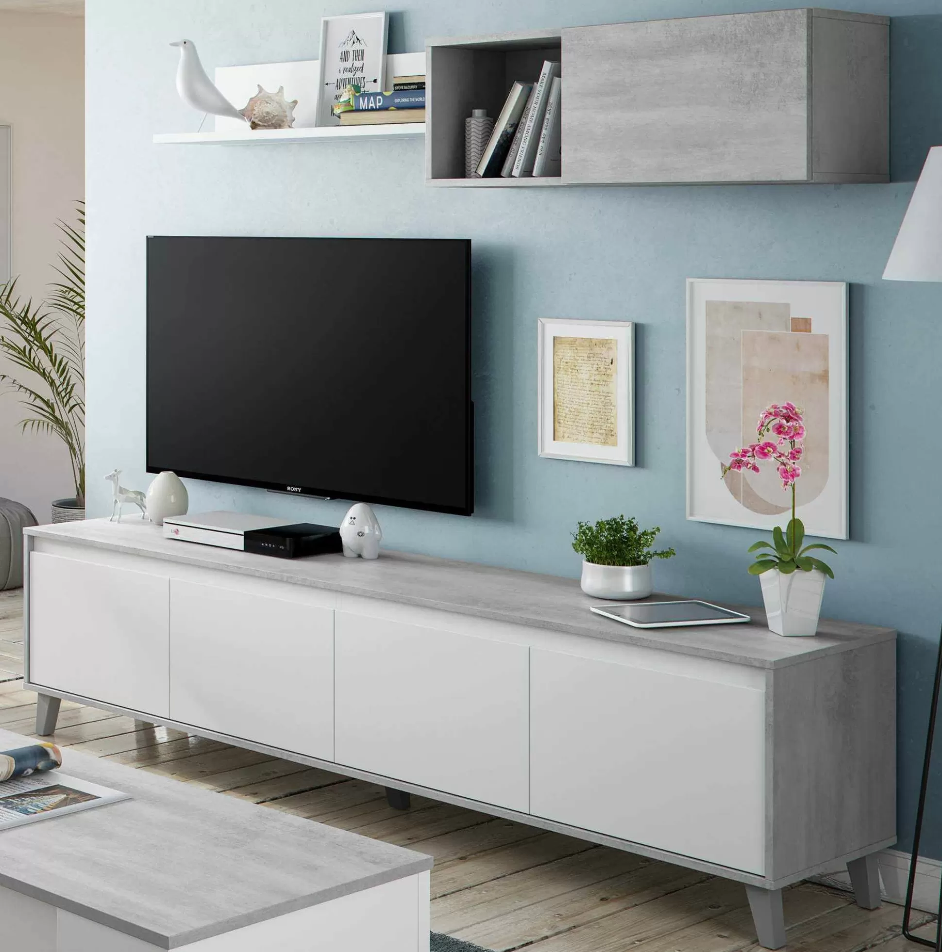 Dmora Pareti Attrezzate<Parete attrezzata Dmutt, 200x29h80 cm, Bianco e Cemento