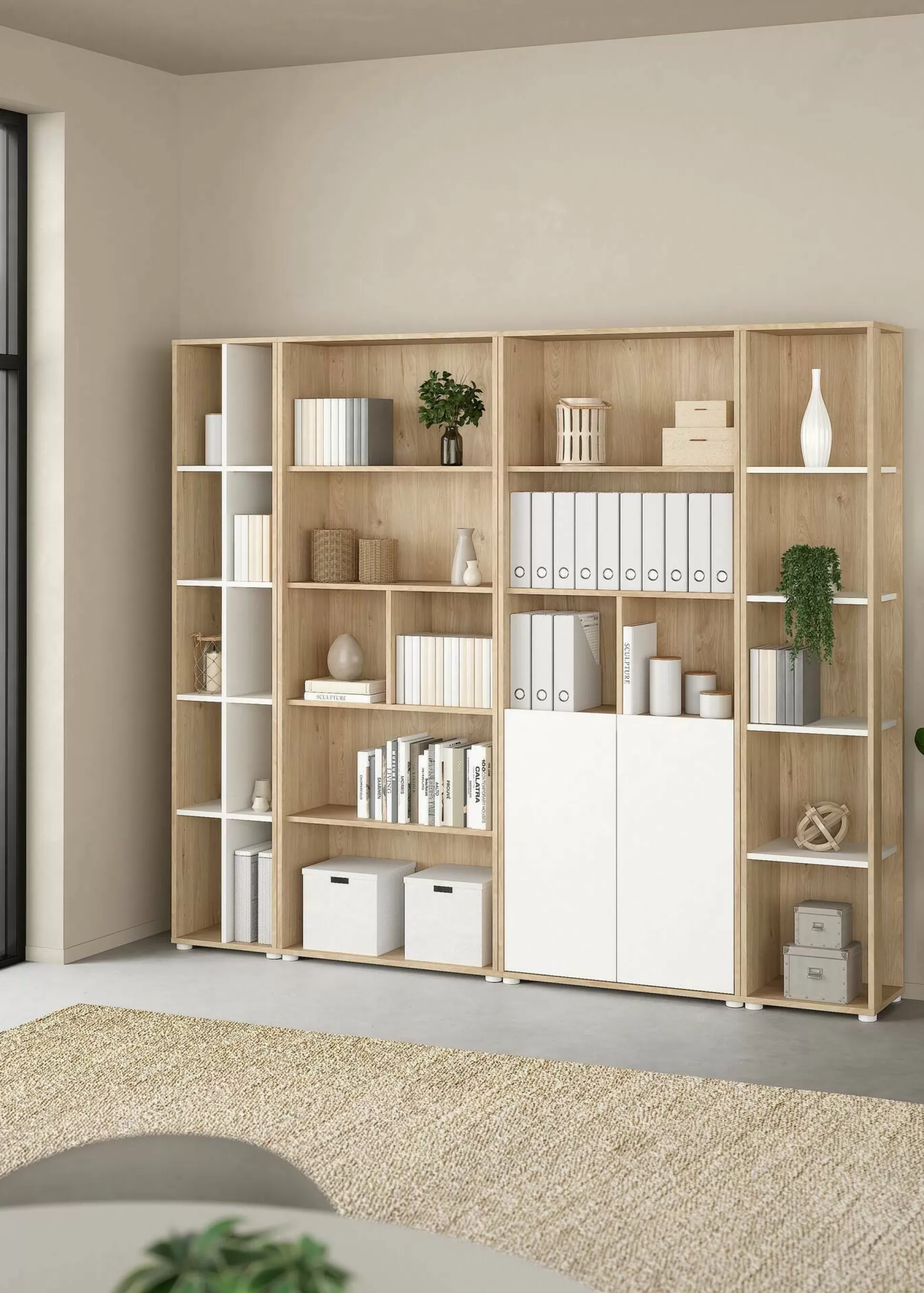 Dmora Pareti Attrezzate<Parete attrezzata Dtomeazz, 34x241 h205 cm, Rovere e Bianco