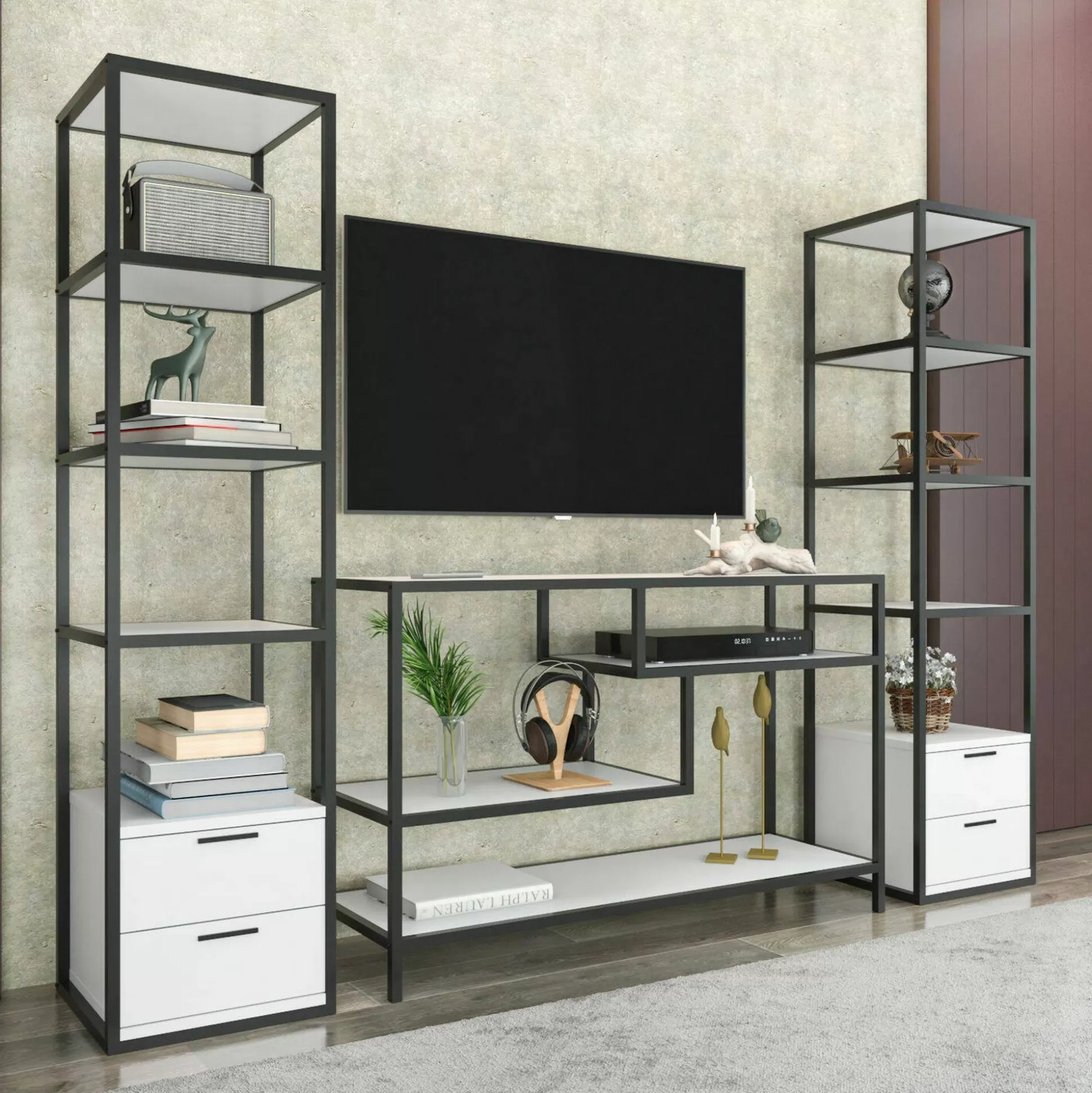 Dmora Pareti Attrezzate<Parete attrezzata Felion, 198x39h160 cm, Bianco e Nero