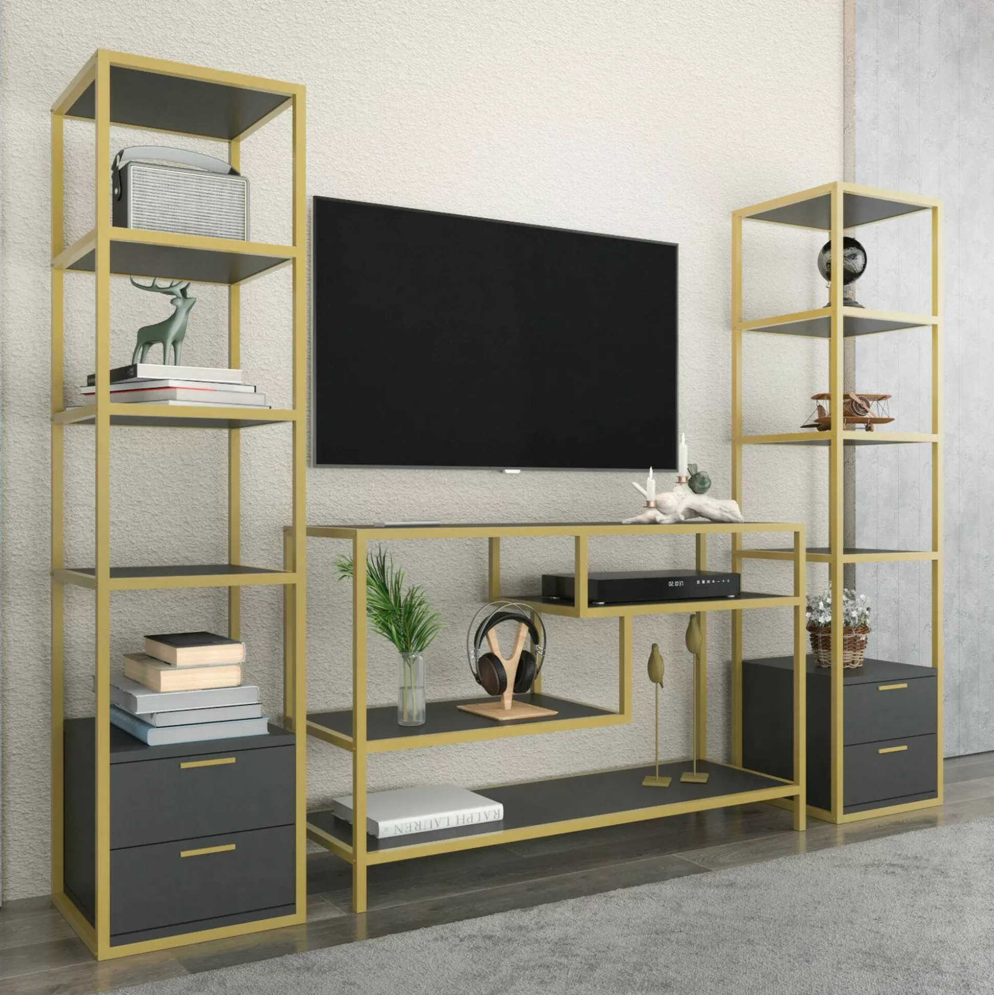 Dmora Pareti Attrezzate<Parete attrezzata Felion, 198x39h160 cm, Oro e Antracite