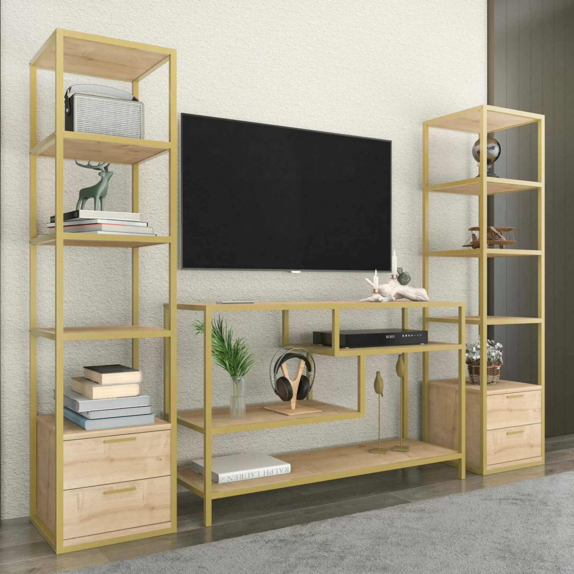 Dmora Pareti Attrezzate<Parete attrezzata Felion, 198x39h160 cm, Oro e Quercia