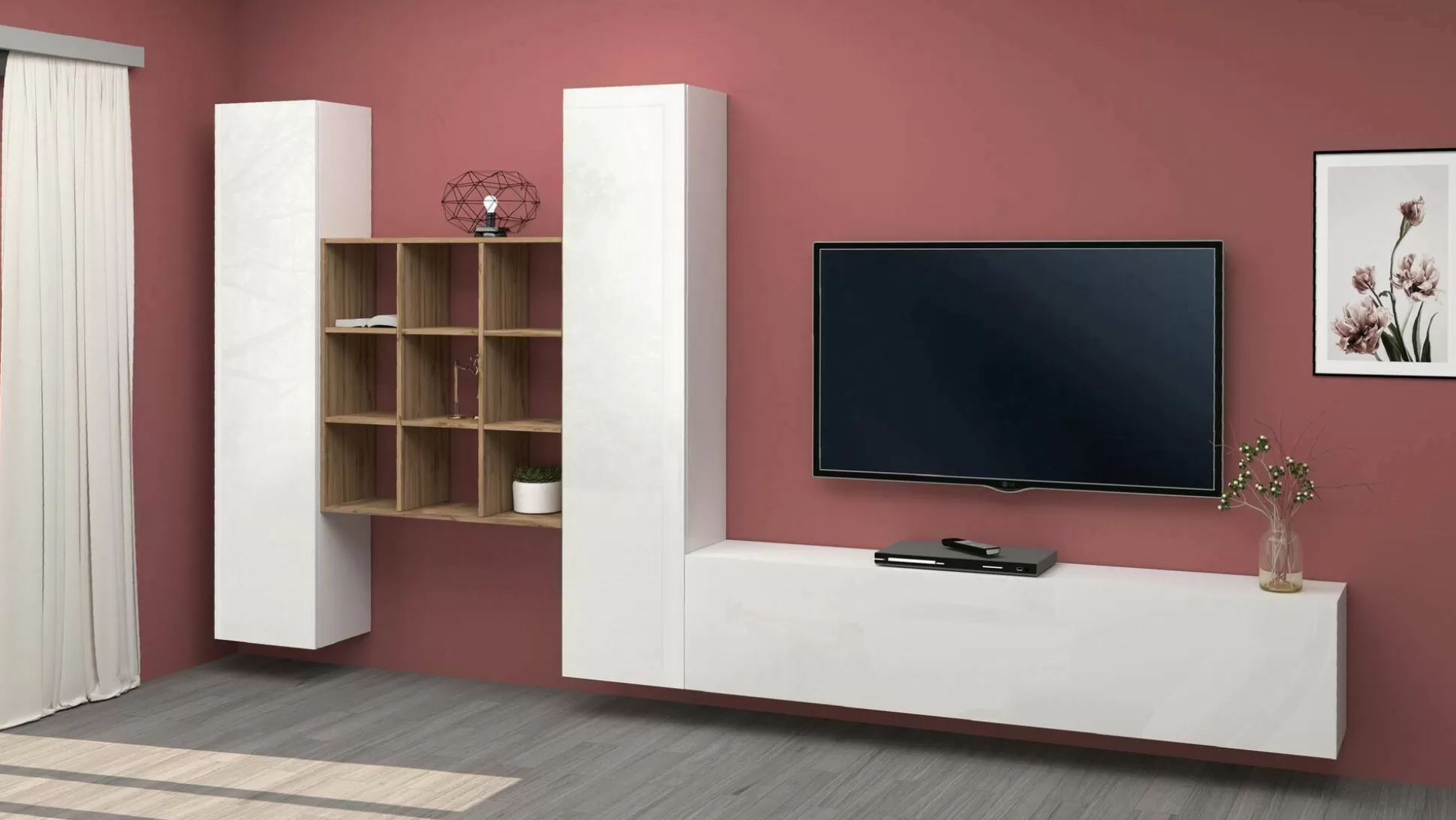 Dmora Pareti Attrezzate<Parete attrezzata Genoveffa, cm 270x30h180, Bianco lucido e Acero