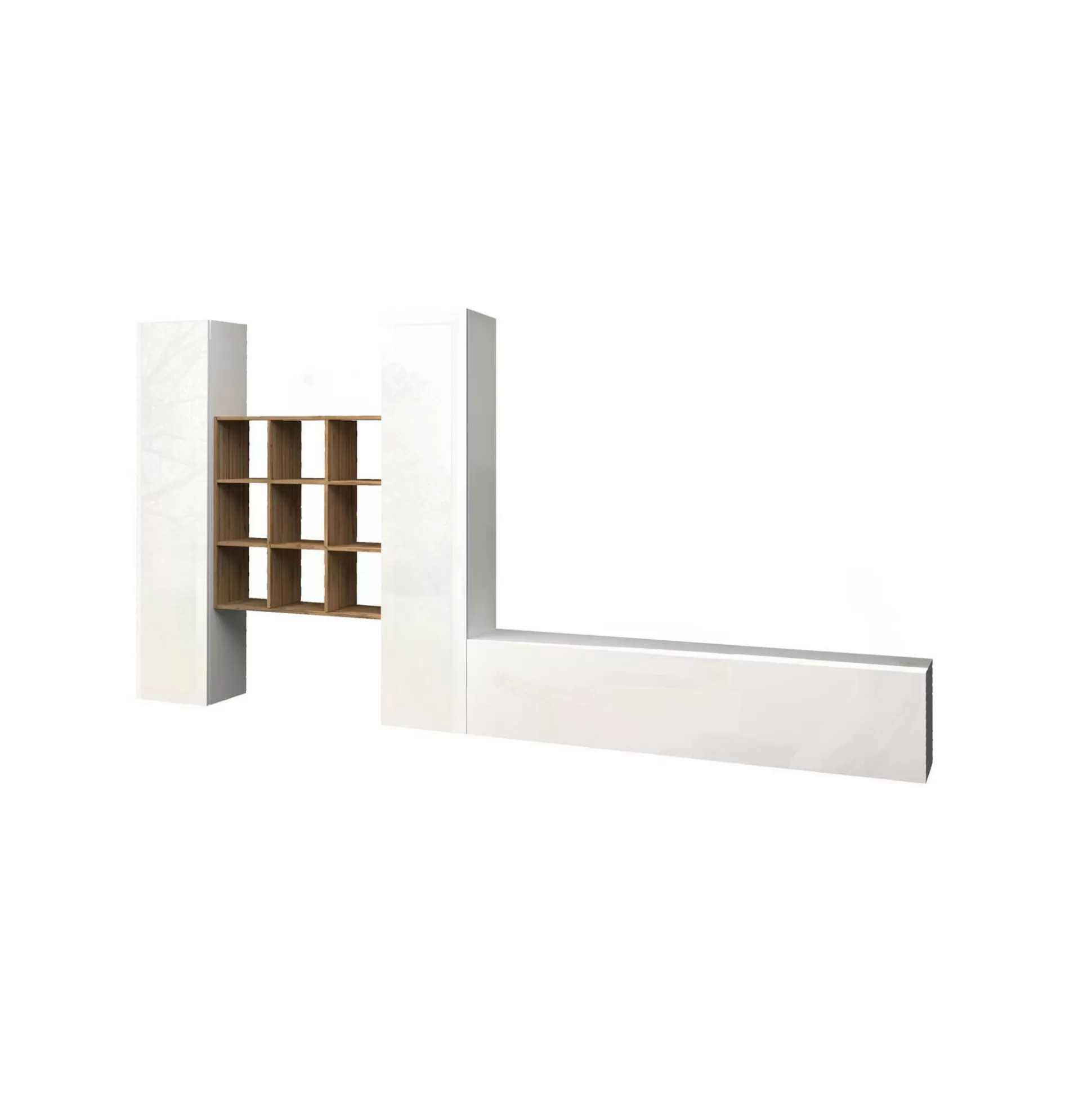 Dmora Pareti Attrezzate<Parete attrezzata Genoveffa, cm 270x30h180, Bianco lucido e Acero