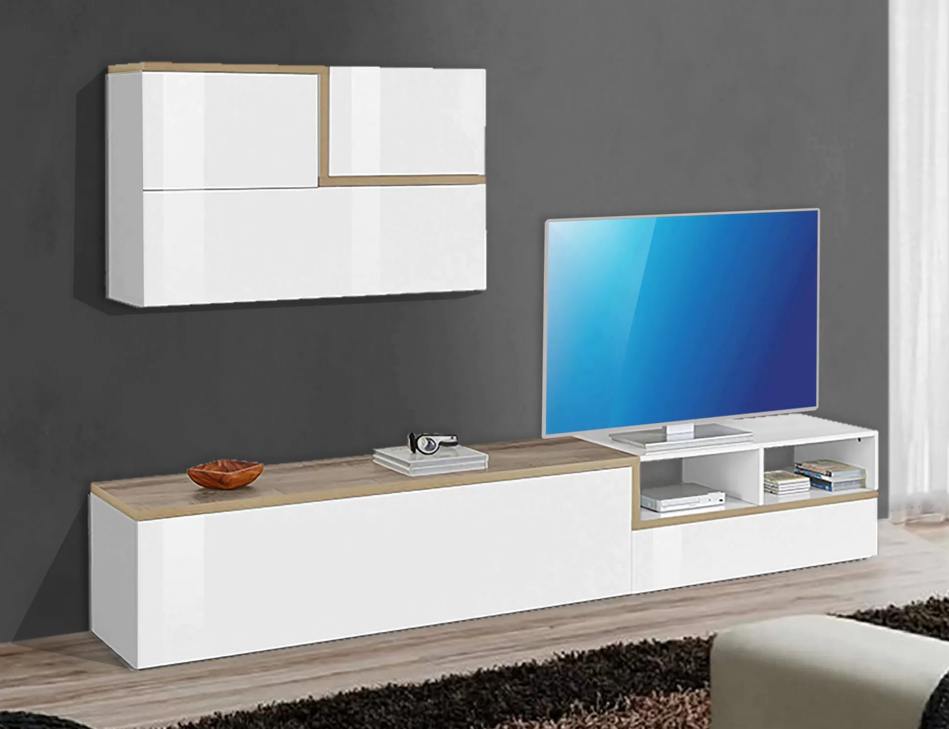 Dmora Pareti Attrezzate<Parete attrezzata Granato, cm 240x40h180, Bianco lucido e Acero