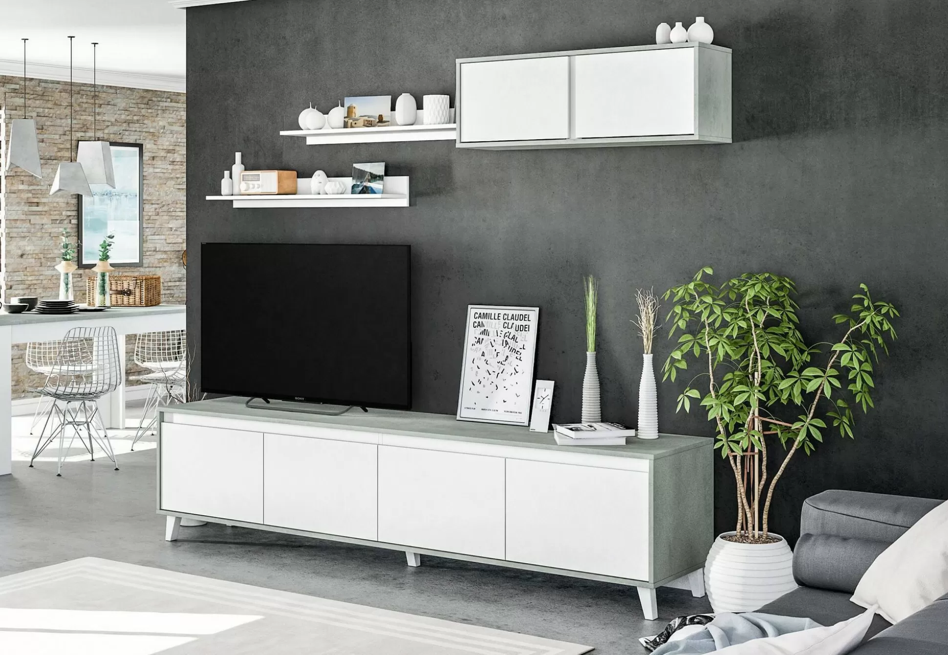 Dmora Pareti Attrezzate<Parete attrezzata Kaya, 200x41h50 cm, Cemento e Bianco lucido
