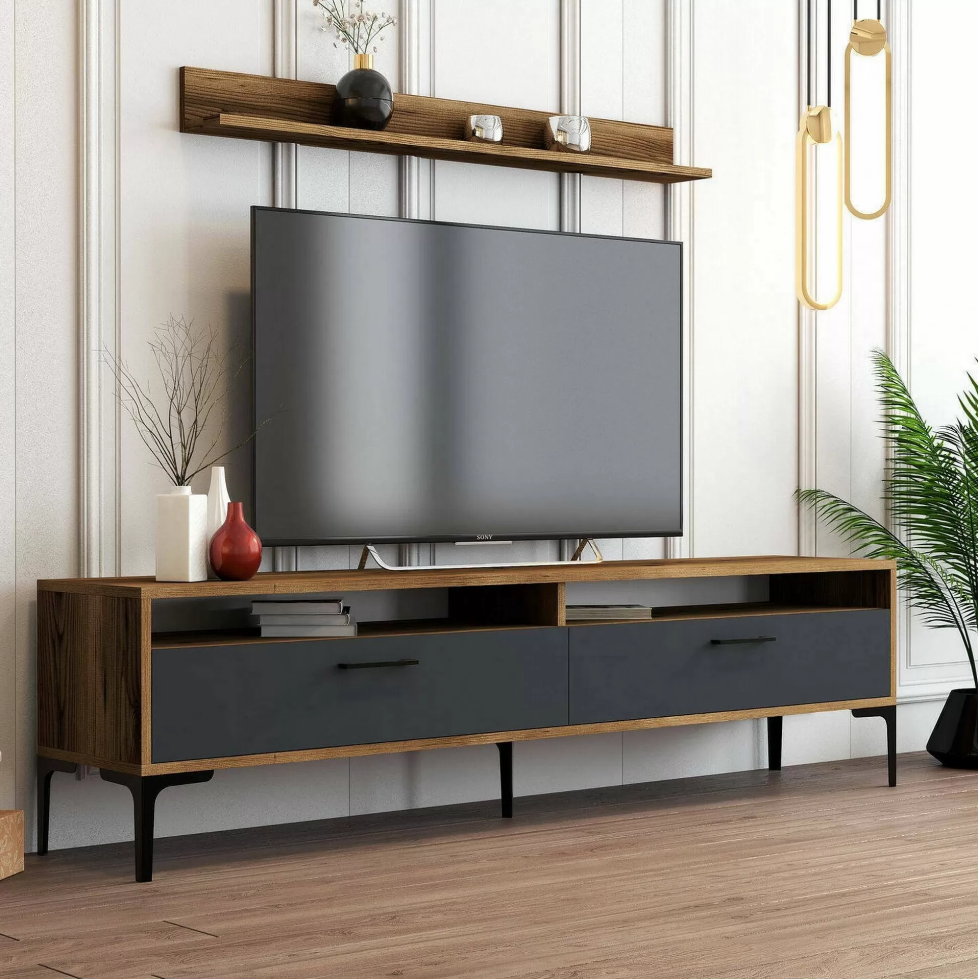 Dmora Pareti Attrezzate<Parete attrezzata Oho, 180x35h47 cm, Noce e Antracite