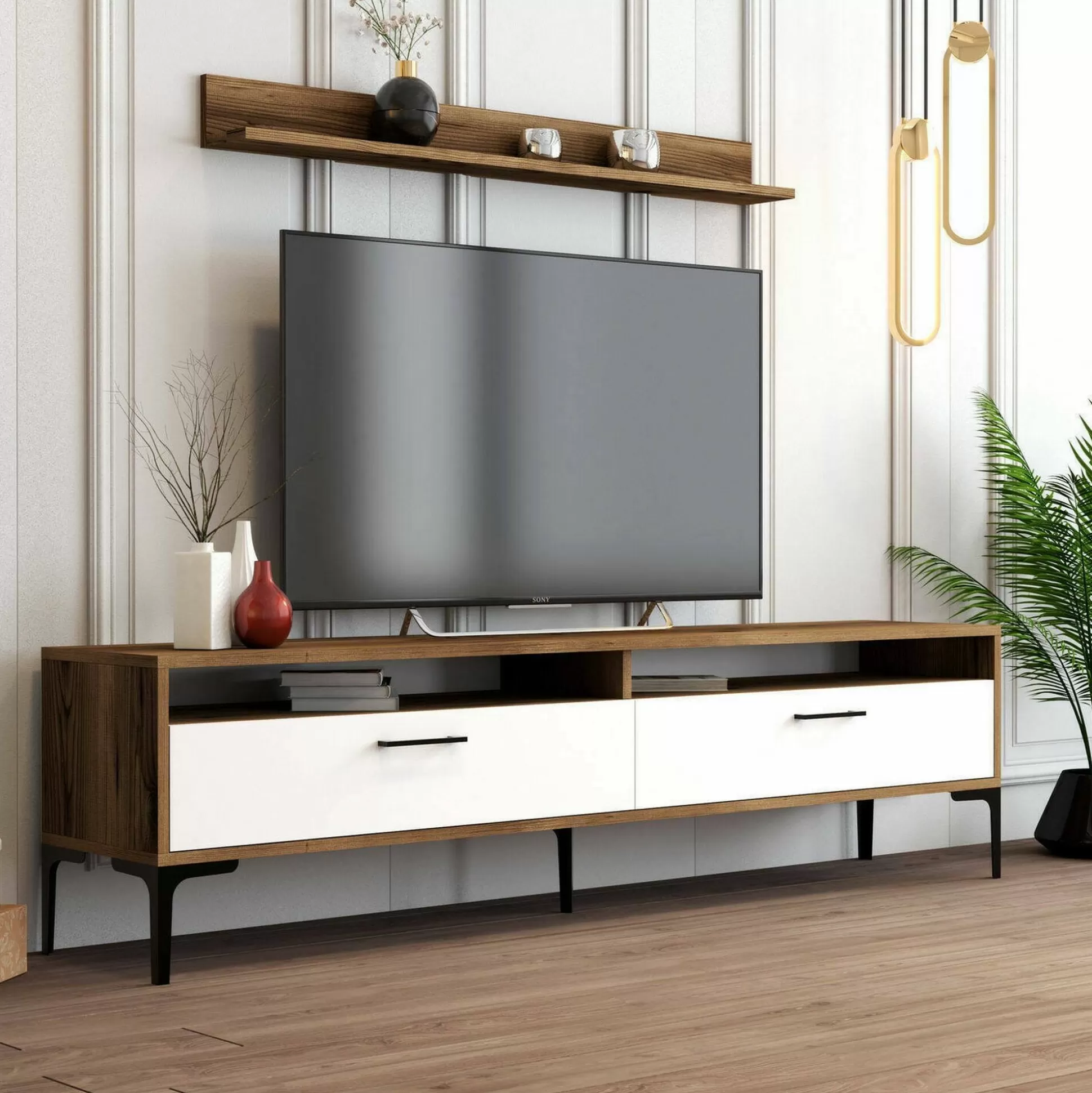 Dmora Pareti Attrezzate<Parete attrezzata Oho, 180x35h47 cm, Noce e Bianco