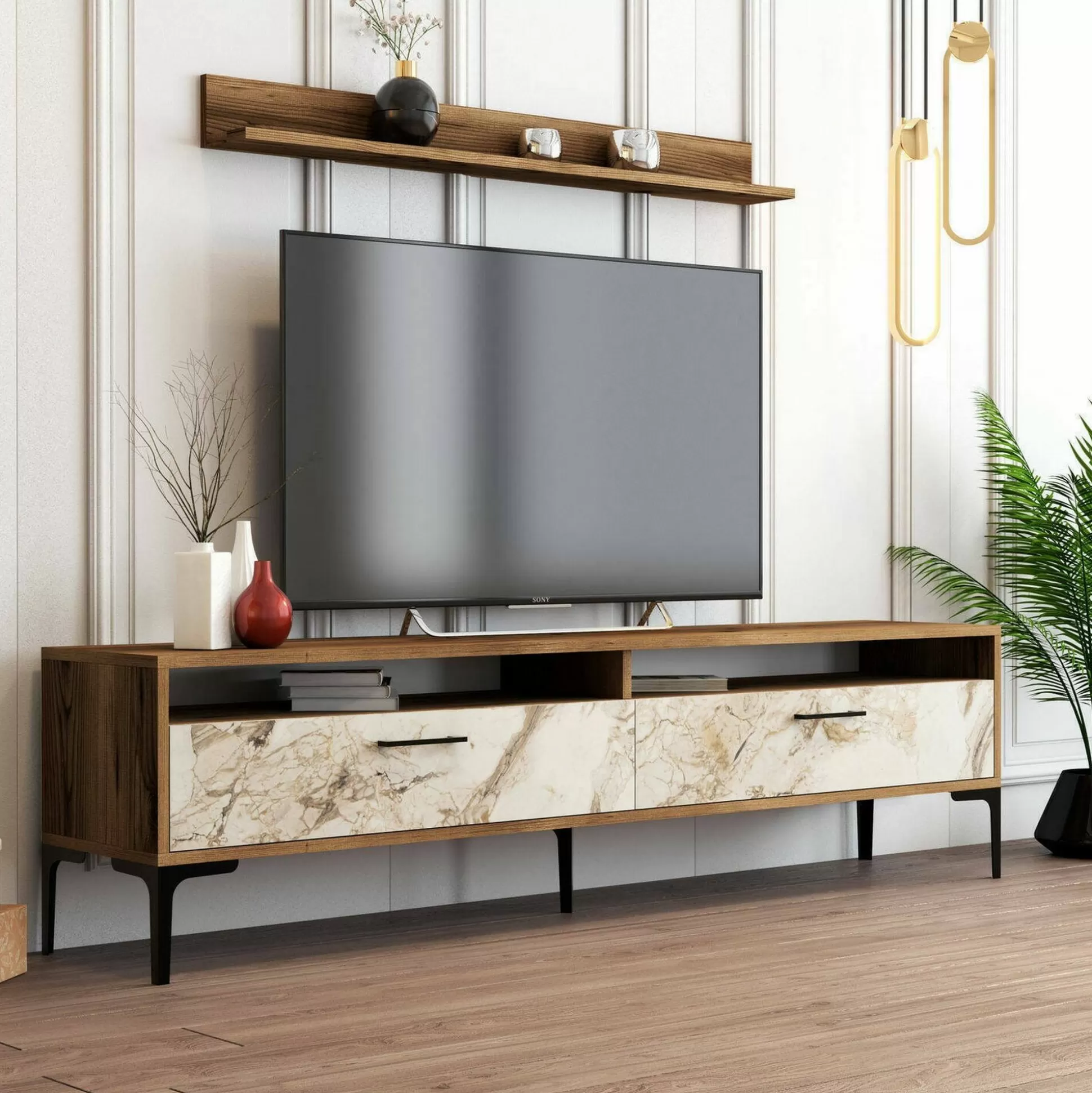 Dmora Pareti Attrezzate<Parete attrezzata Oho, 180x35h47 cm, Noce e Bianco Marmo