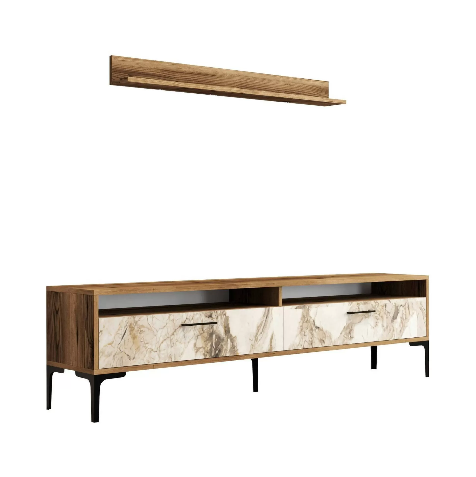 Dmora Pareti Attrezzate<Parete attrezzata Oho, 180x35h47 cm, Noce e Bianco Marmo