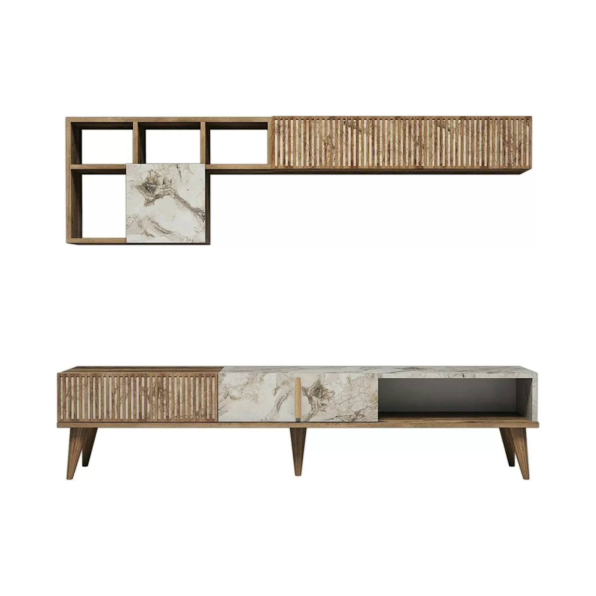 Dmora Pareti Attrezzate<Parete attrezzata Ostro, 180x35h40 cm, Noce e Bianco Marmo