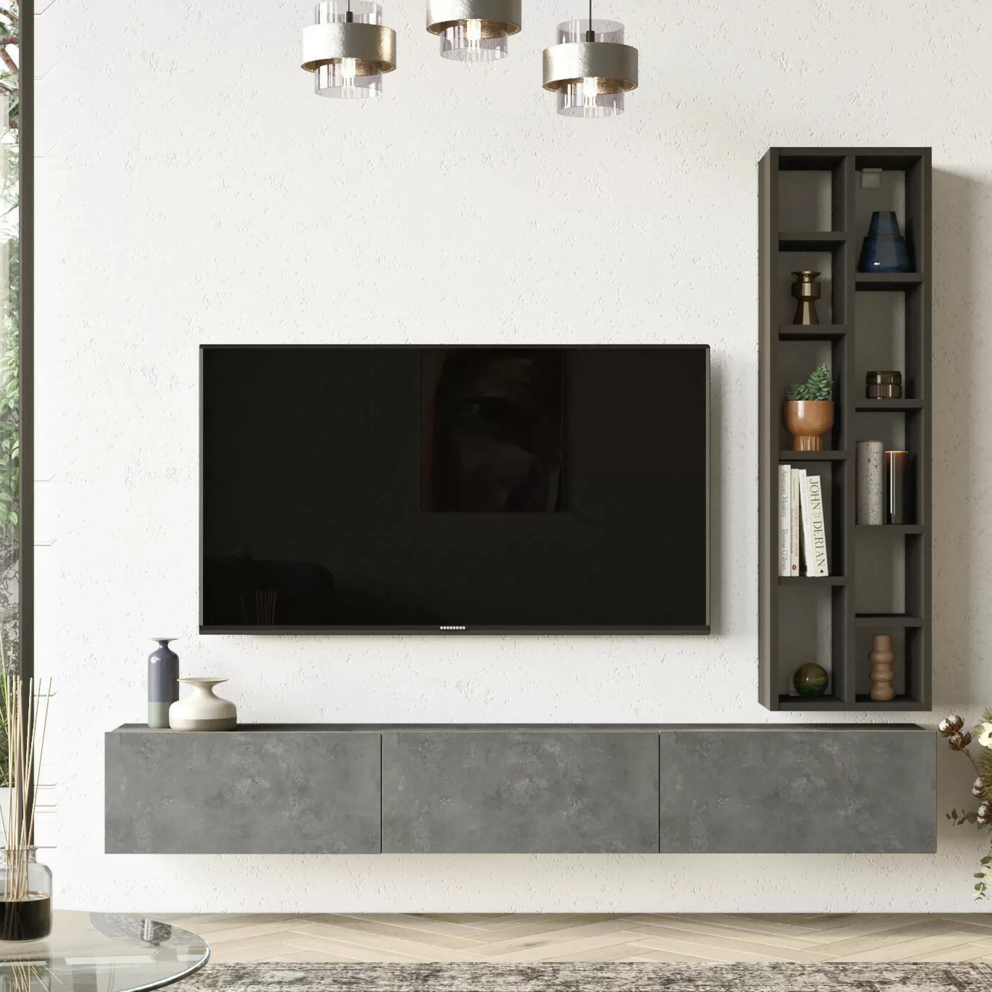 Dmora Pareti Attrezzate<Parete attrezzata Sardegna, 175x27 h25 cm, Argento e Nero