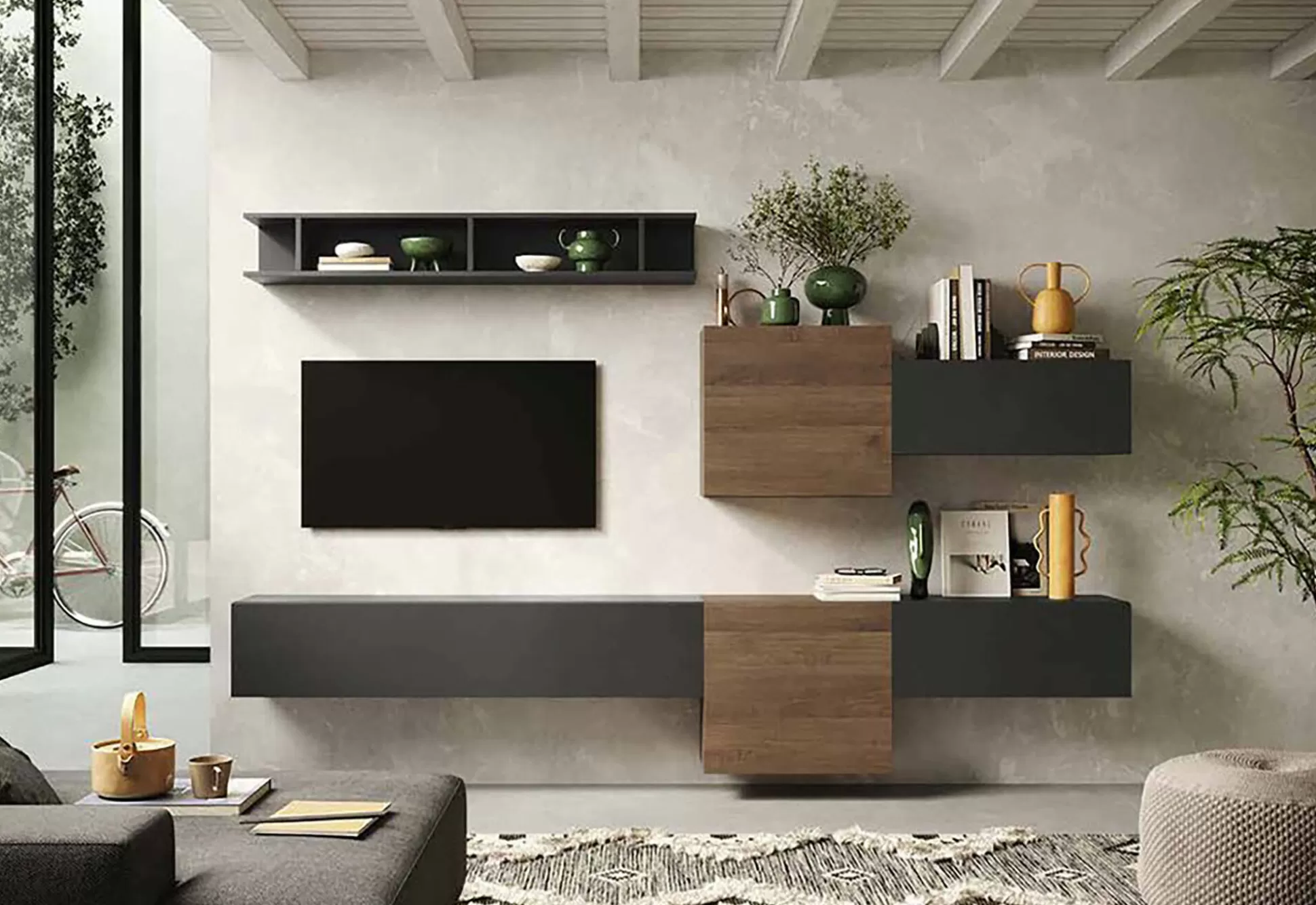 Dmora Pareti Attrezzate<Parete attrezzata Tony, 262x30 h185 cm, Noce e Antracite