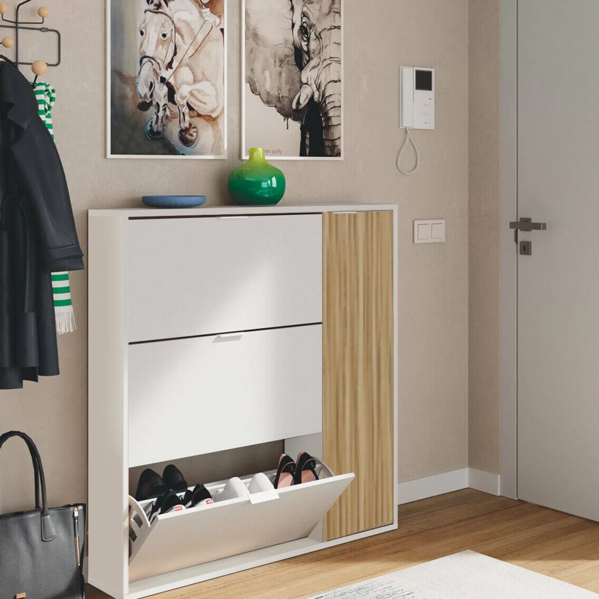 Dmora Scarpiere<Scarpiera Angor, 105x24h112 cm, Rovere e Bianco lucido